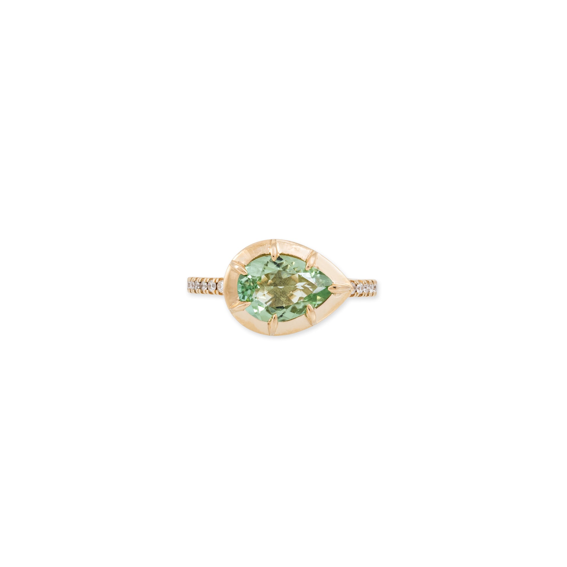 Light Green Tourmaline Teardrop Sophia Bezel Pave Ring