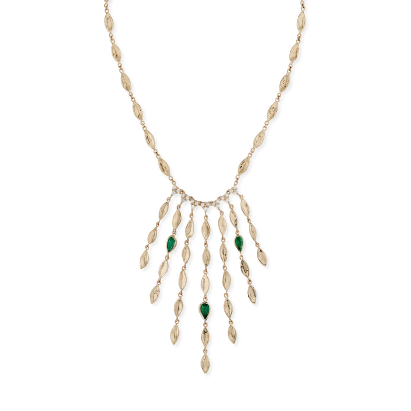 Lizzie Diamond Center, Hammered Marquise + Emerald Teardrop Shower Necklace