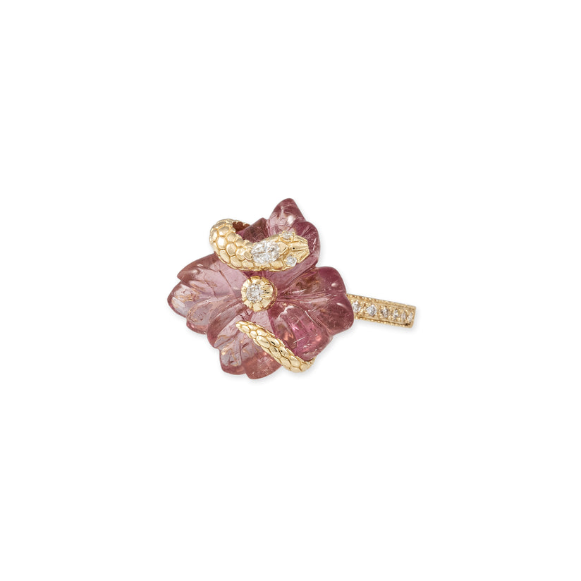 SNAKE WRAPPED PINK TOURMALINE FLOWER PAVE RING