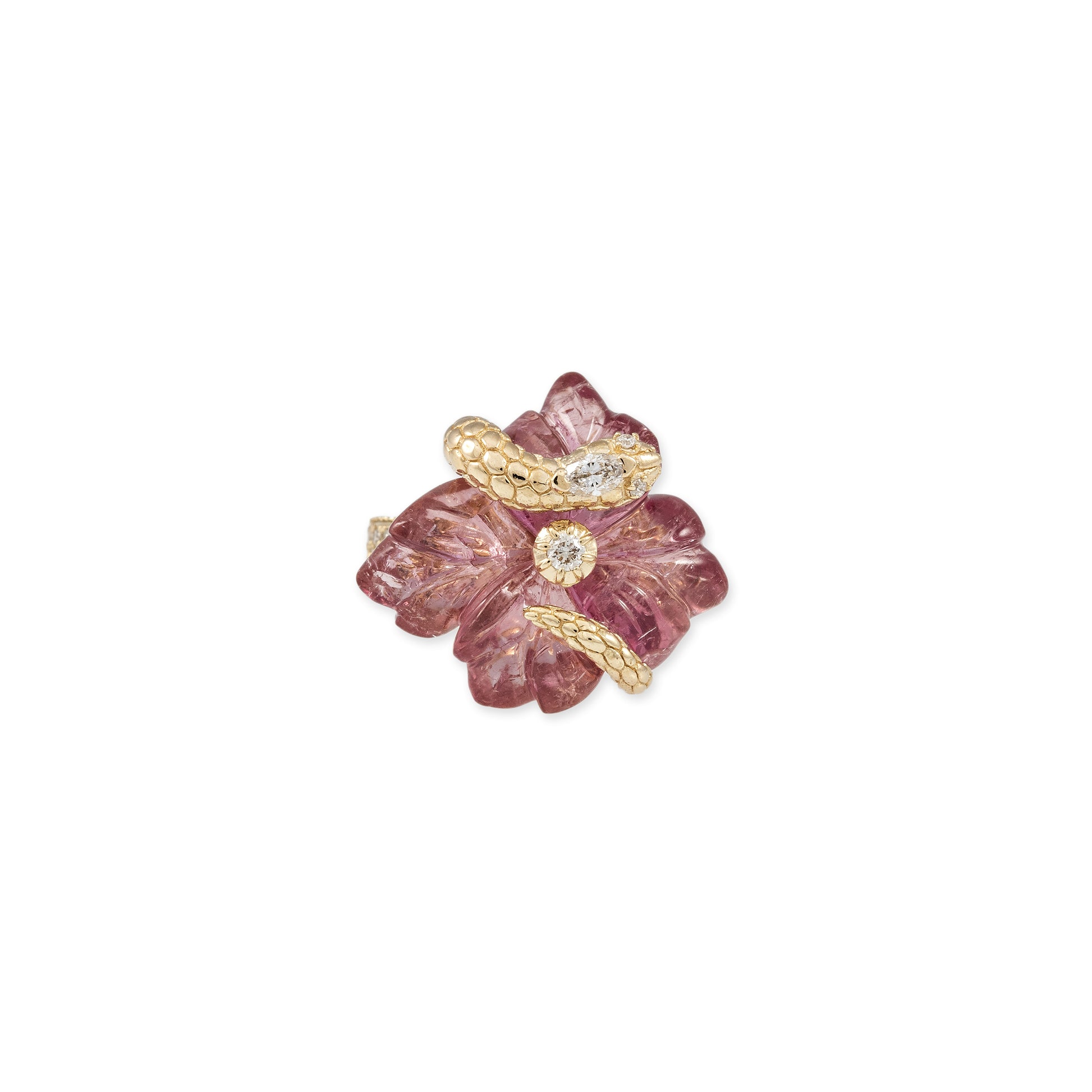 SNAKE WRAPPED PINK TOURMALINE FLOWER PAVE RING
