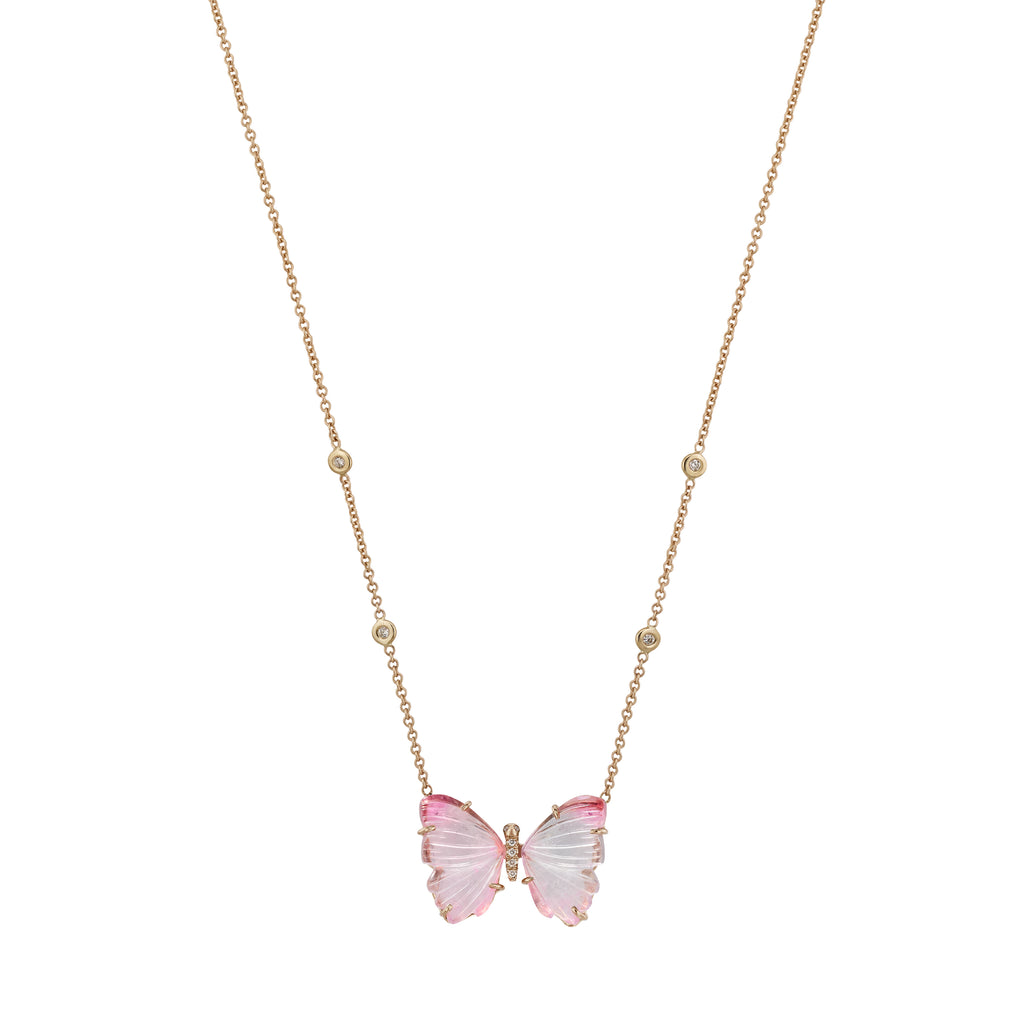 Pink and Purple Tourmaline Pave Center Butterfly Necklace