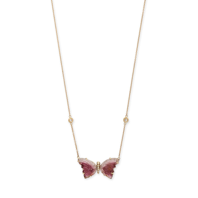 SMALL PINK TOURMALINE PAVE CENTER BUTTERFLY NECKLACE