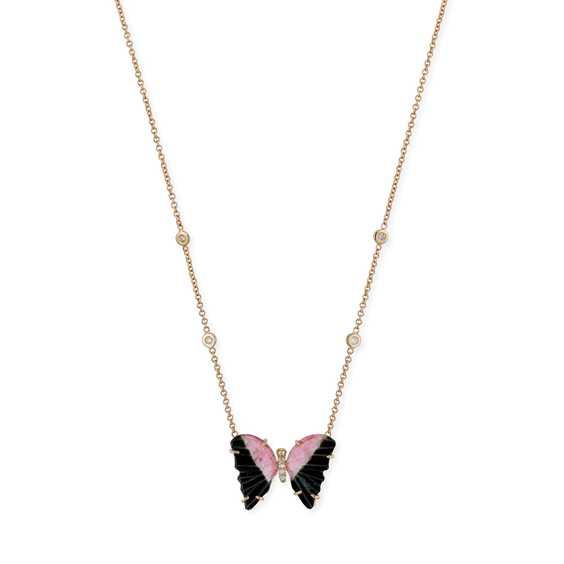 Pink and Black Tourmaline Pave Center Butterfly Necklace