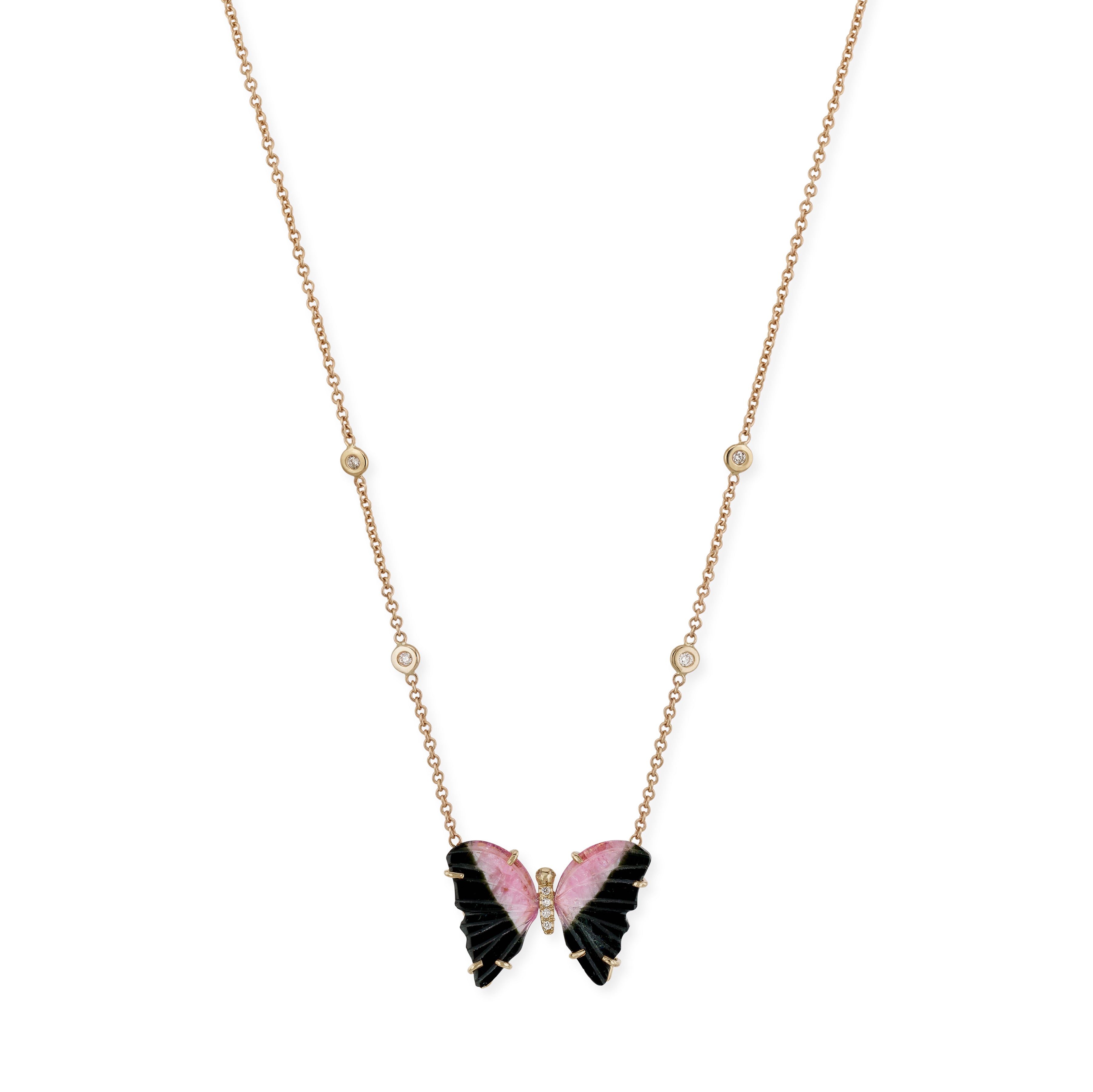 Pink and Black Tourmaline Pave Center Butterfly Necklace