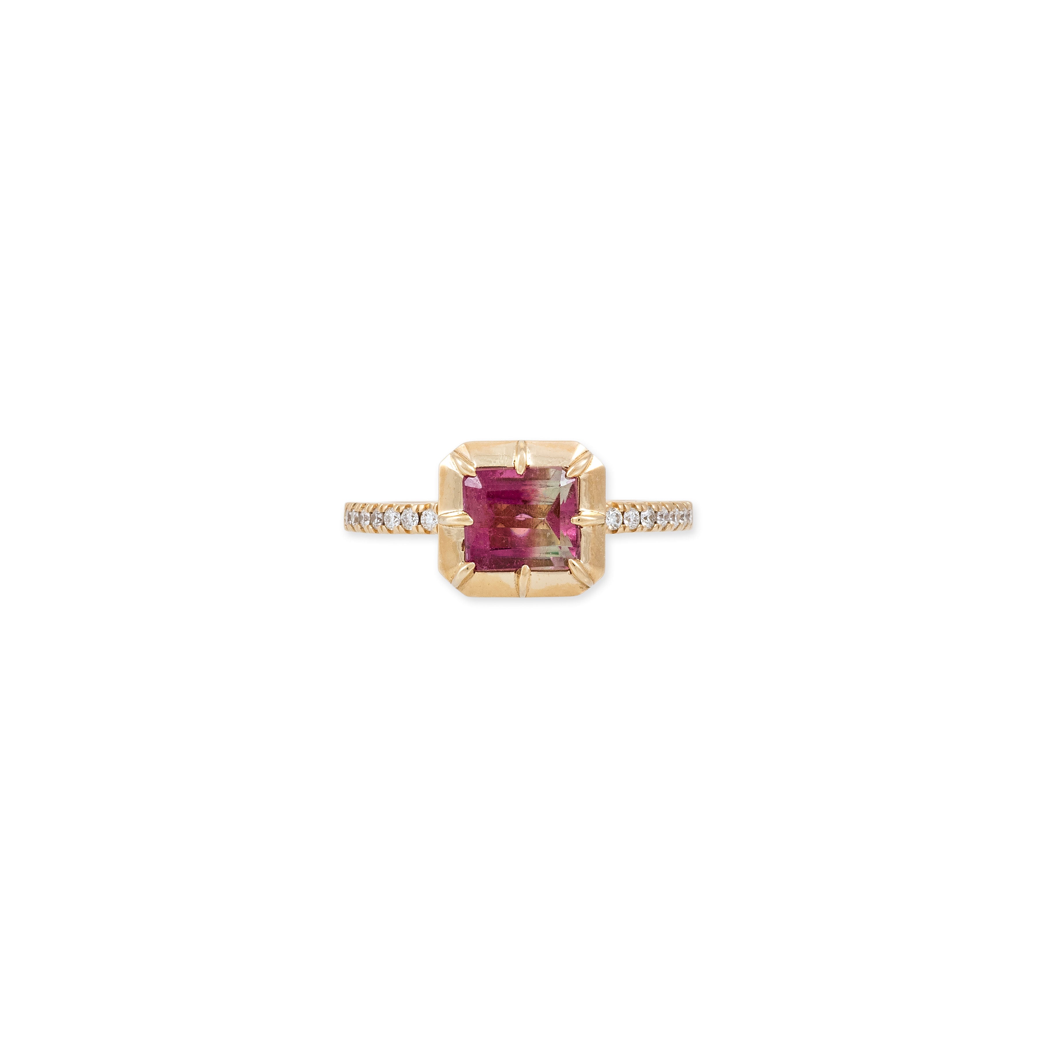 Ombre Pink Tourmaline Baguette Vintage Bezel Pave Ring