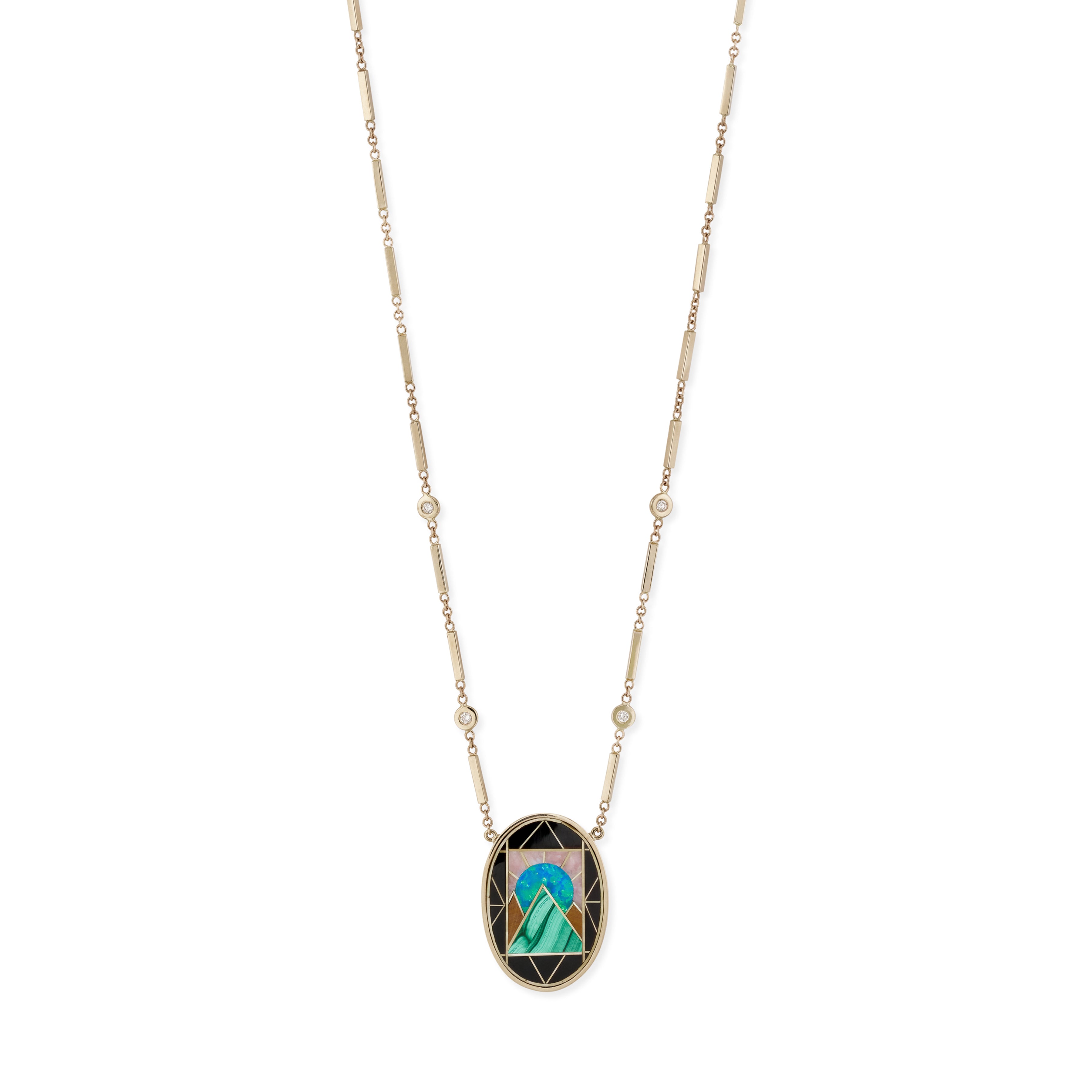 Oval Pyramid Scenic Gemstone Inlay Necklace