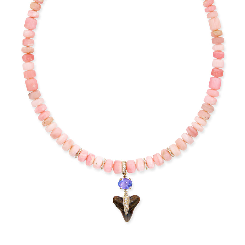 Tanzanite + Pave Shark Tooth Pink Opal Beaded Necklace