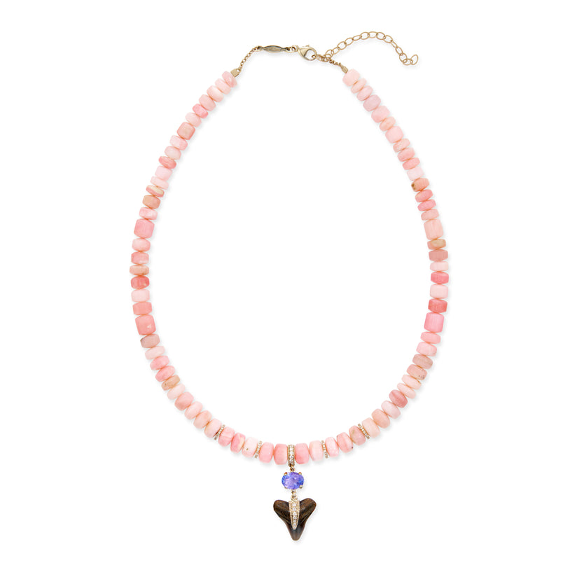 Tanzanite + Pave Shark Tooth Pink Opal Beaded Necklace