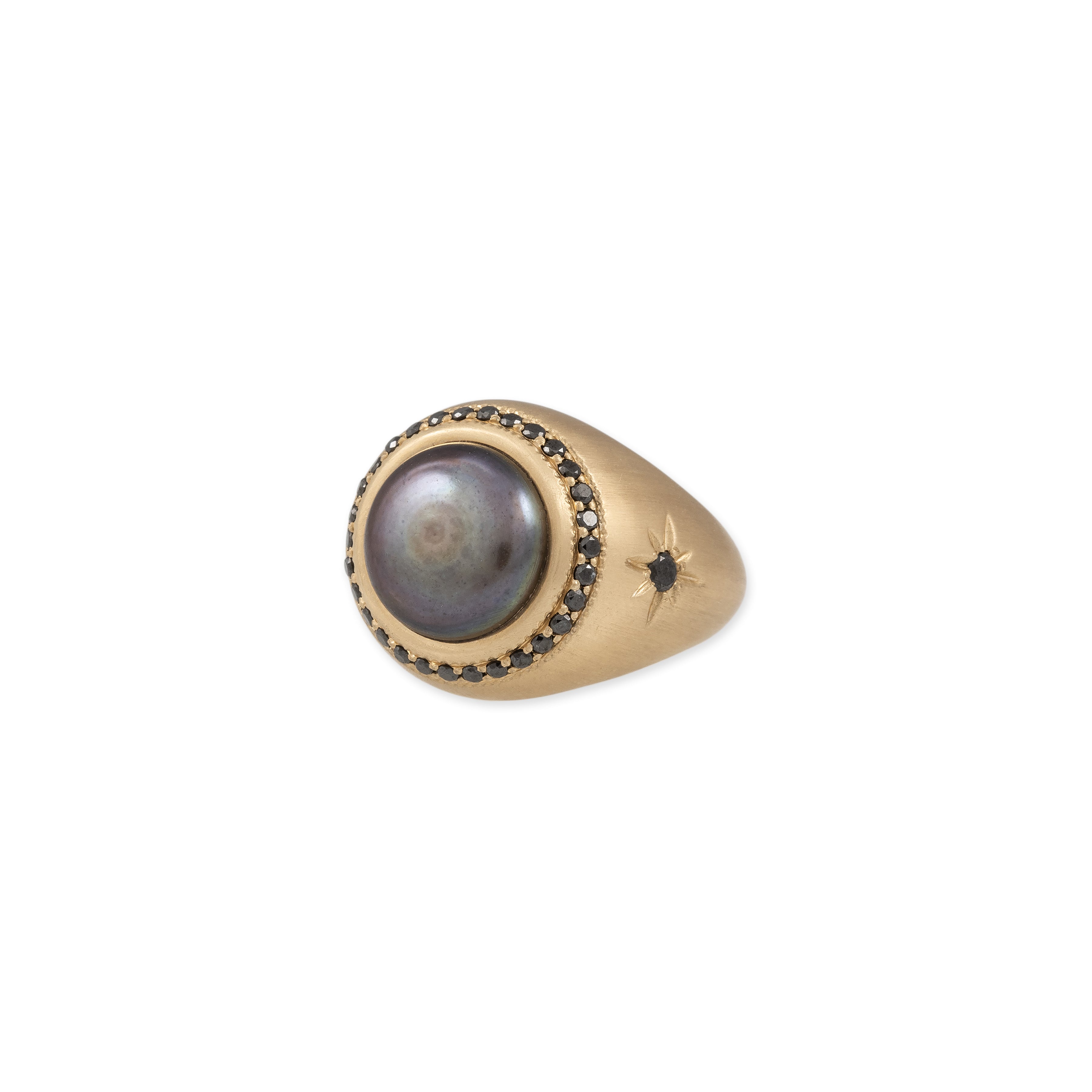 Pave Round Black Pearl Starburst Ring
