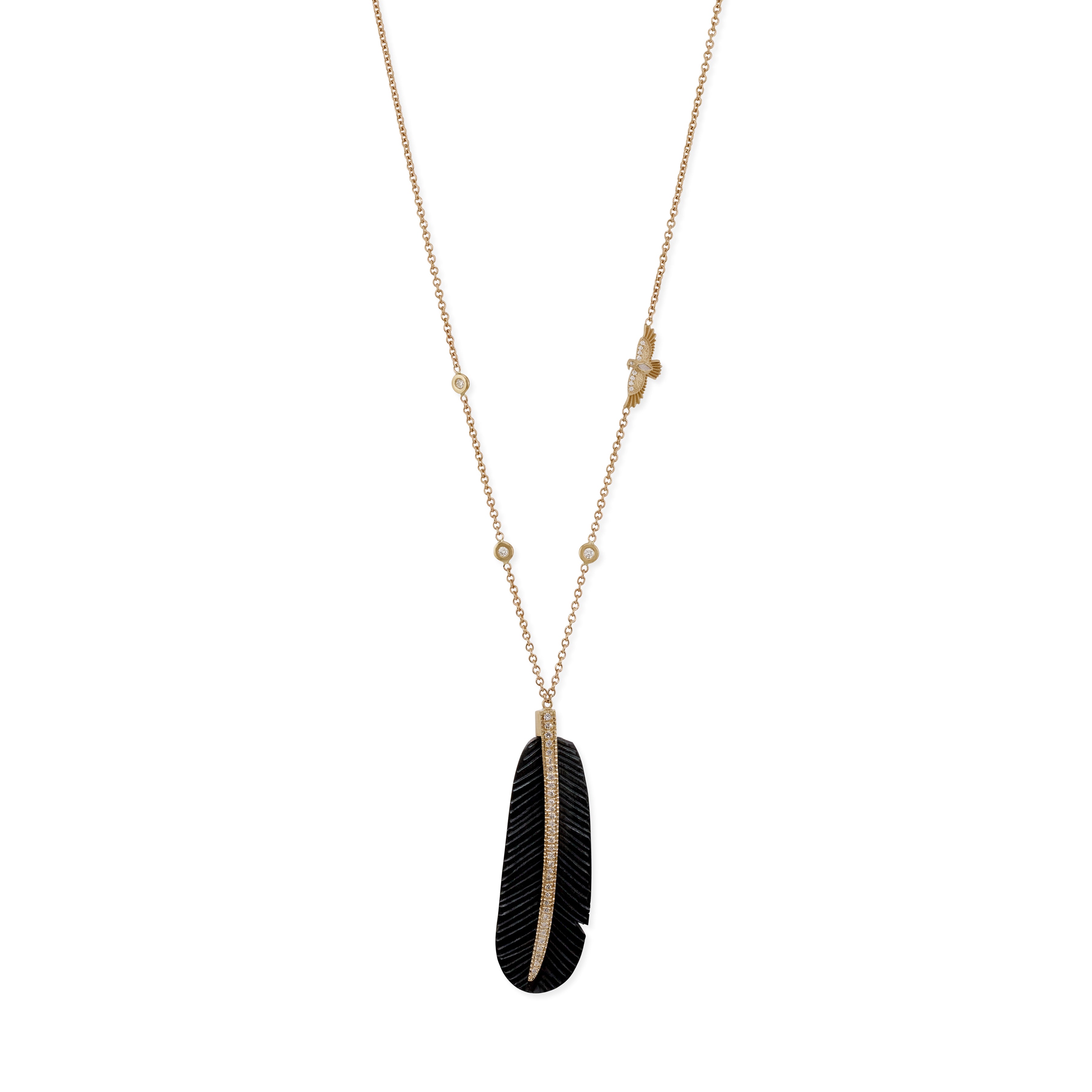 Pave Black Horn Feather + Baby Thunderbird Necklace