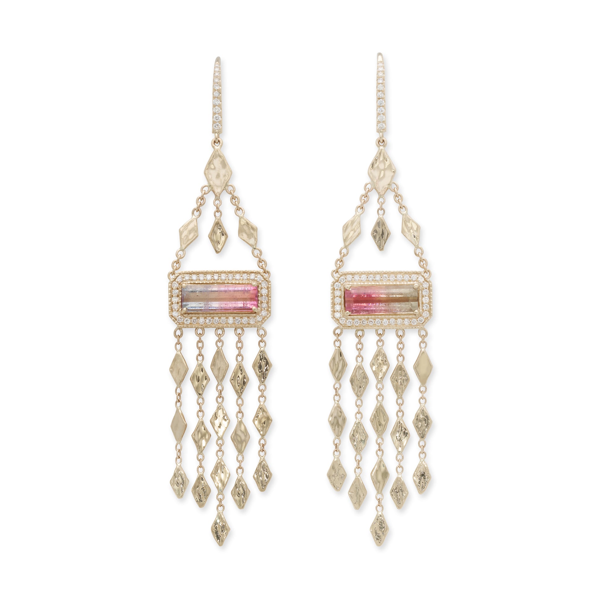 Pave Watermelon Tourmaline Baguette + Hammered Kite Chandelier Earrings