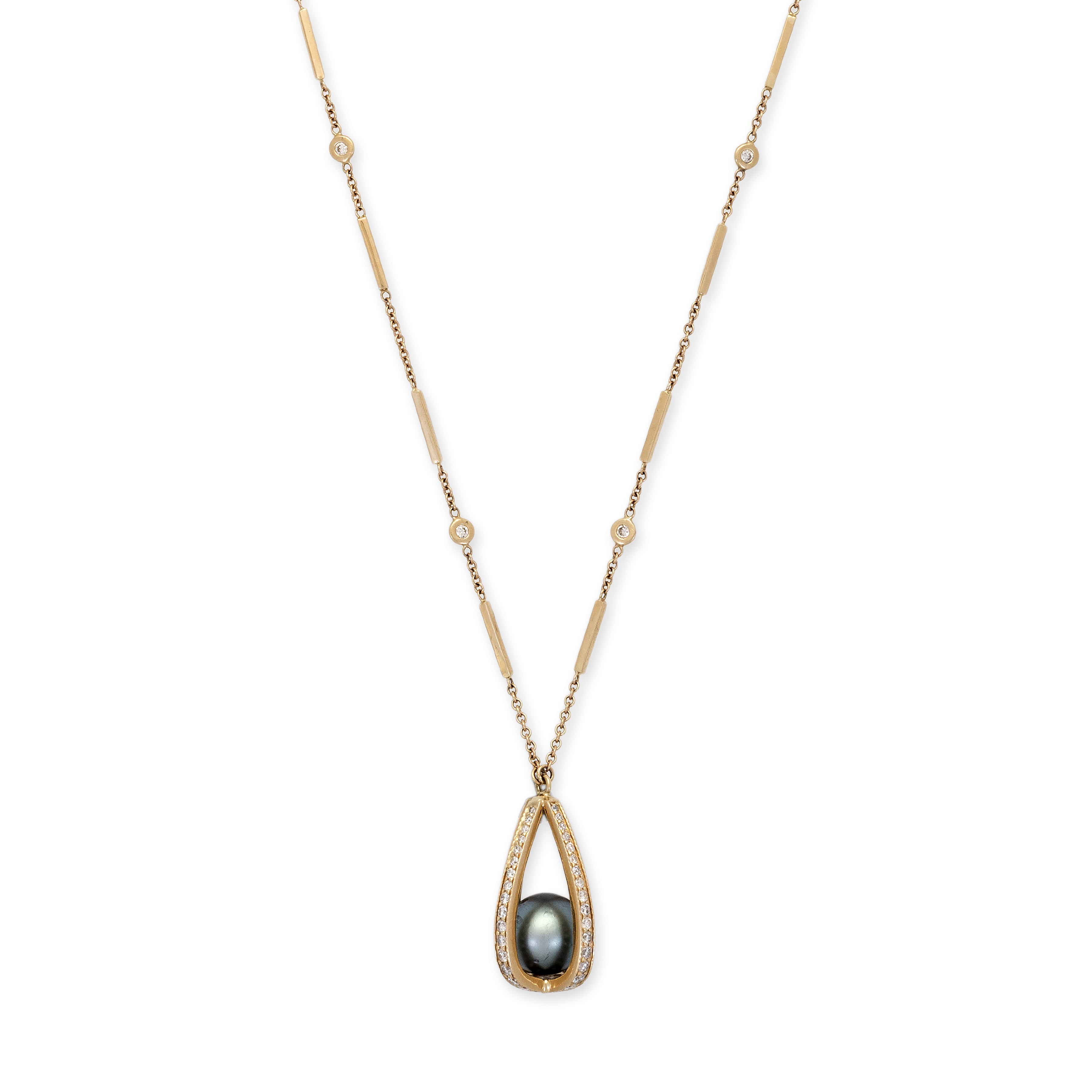 PAVE CAGE WITH BLACK PEARL SMOOTH BAR NECKLACE