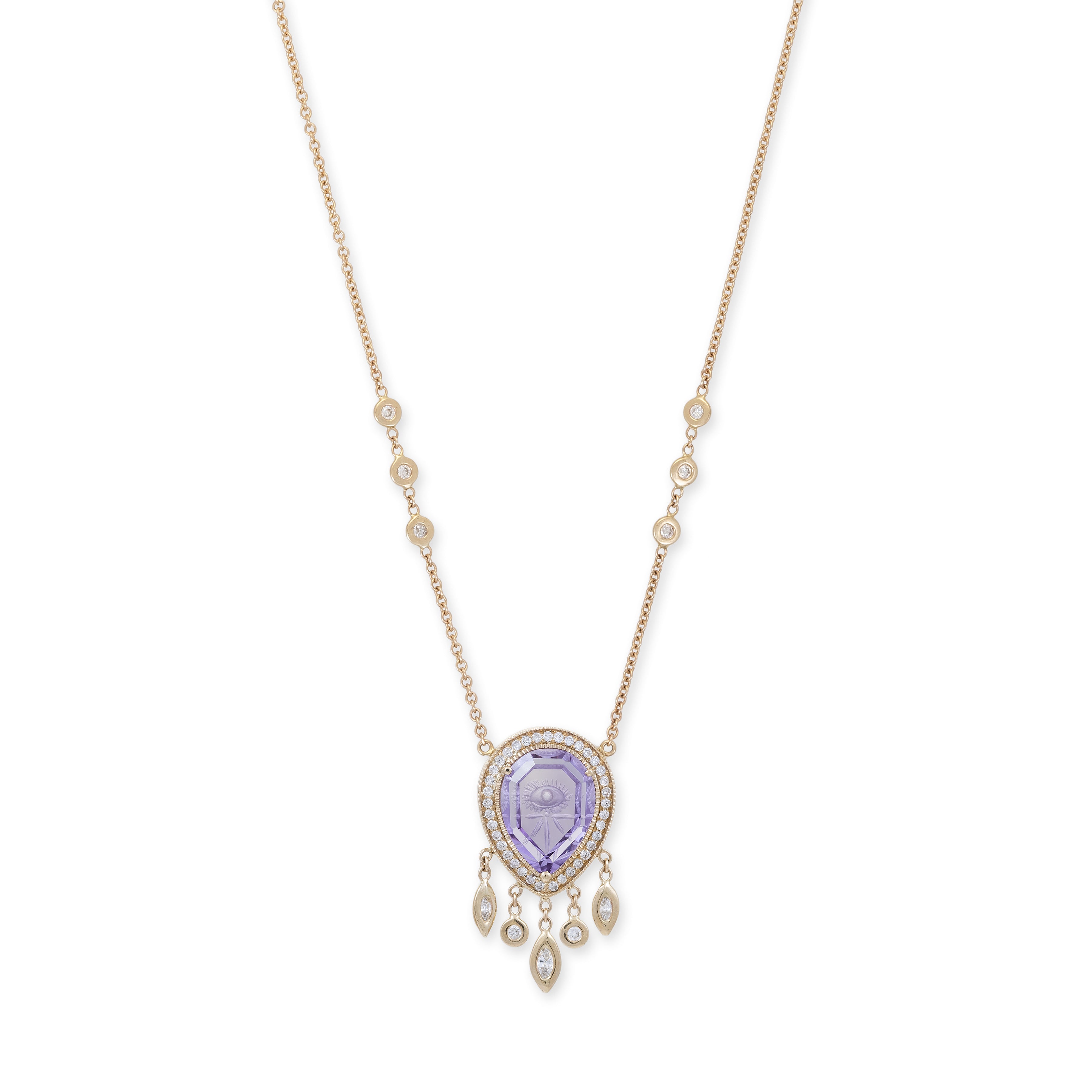 Pavé Carved Eye Burst Amethyst Teardrop Shaker Necklace