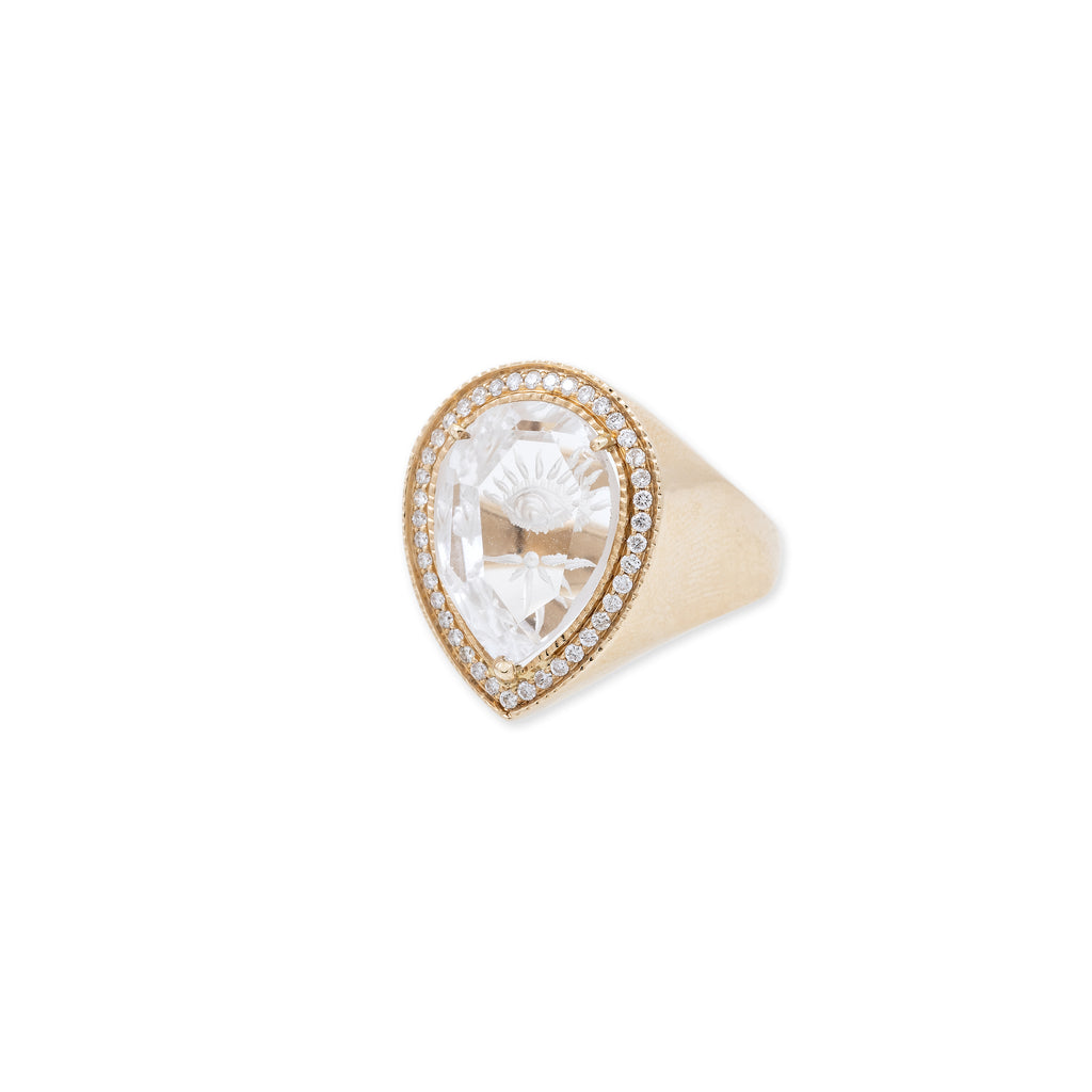 PAVE CARVED EYE BURST CLEAR QUARTZ TEARDROP RING