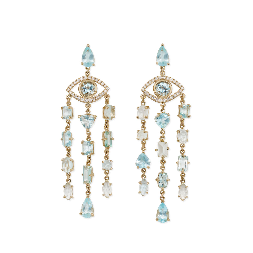 Pave Eye + Aquamarine Chandelier Earrings
