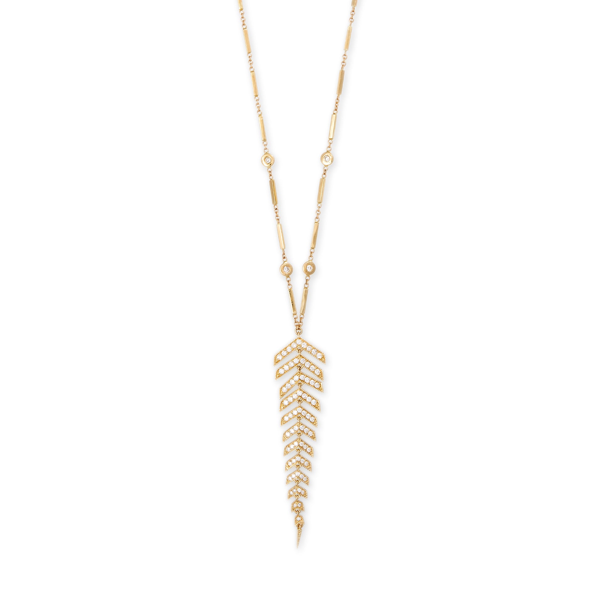 Pave Diamond Fish Bone Diamond Smooth Bar Necklace