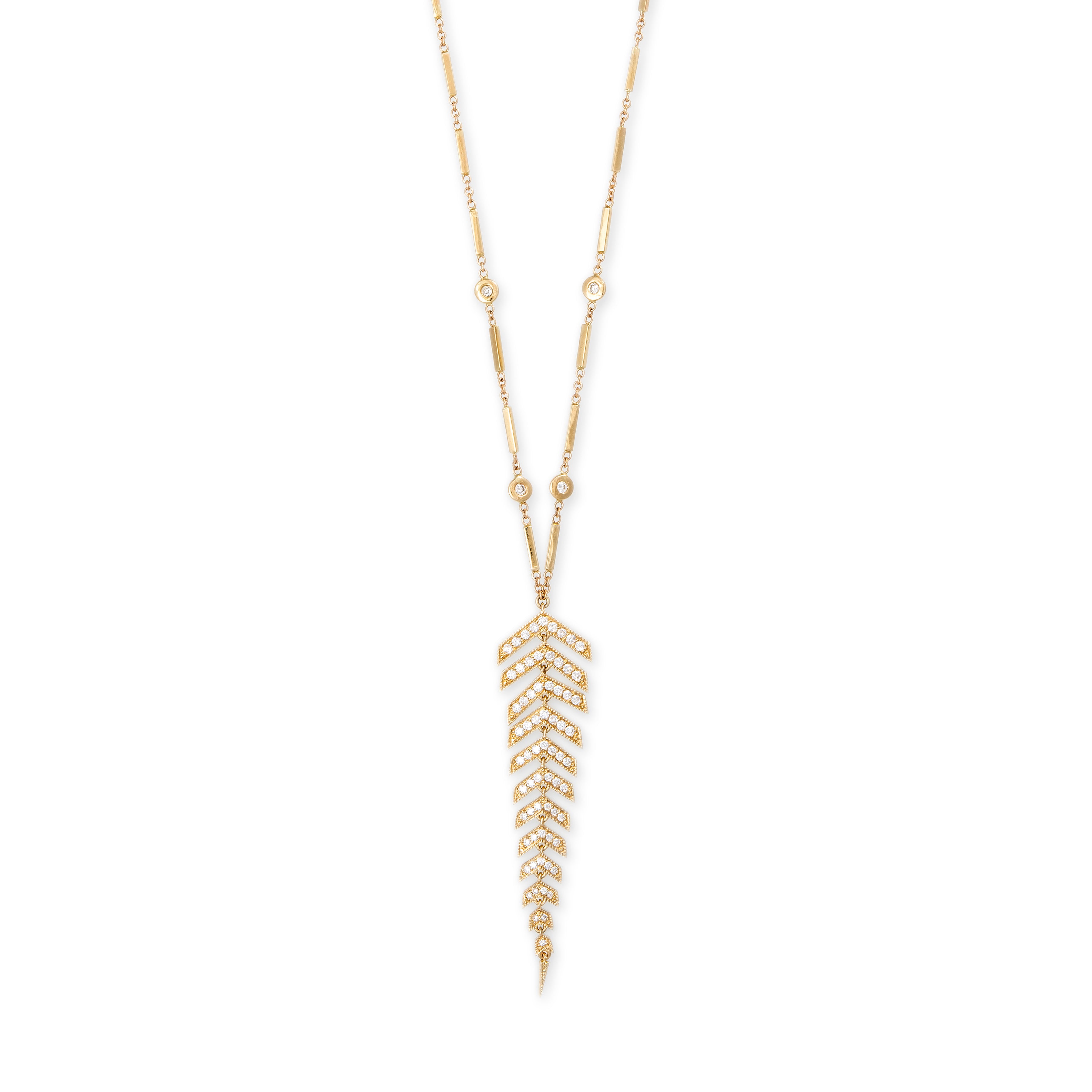 Pave Diamond Fish Bone Diamond Smooth Bar Necklace