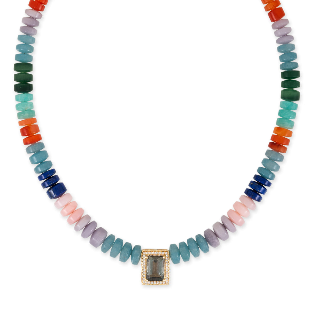 Pave Green Tourmaline Baguette Center On Multi Gemstone Beaded Necklace