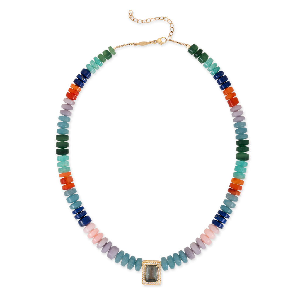 Pave Green Tourmaline Baguette Center On Multi Gemstone Beaded Necklace