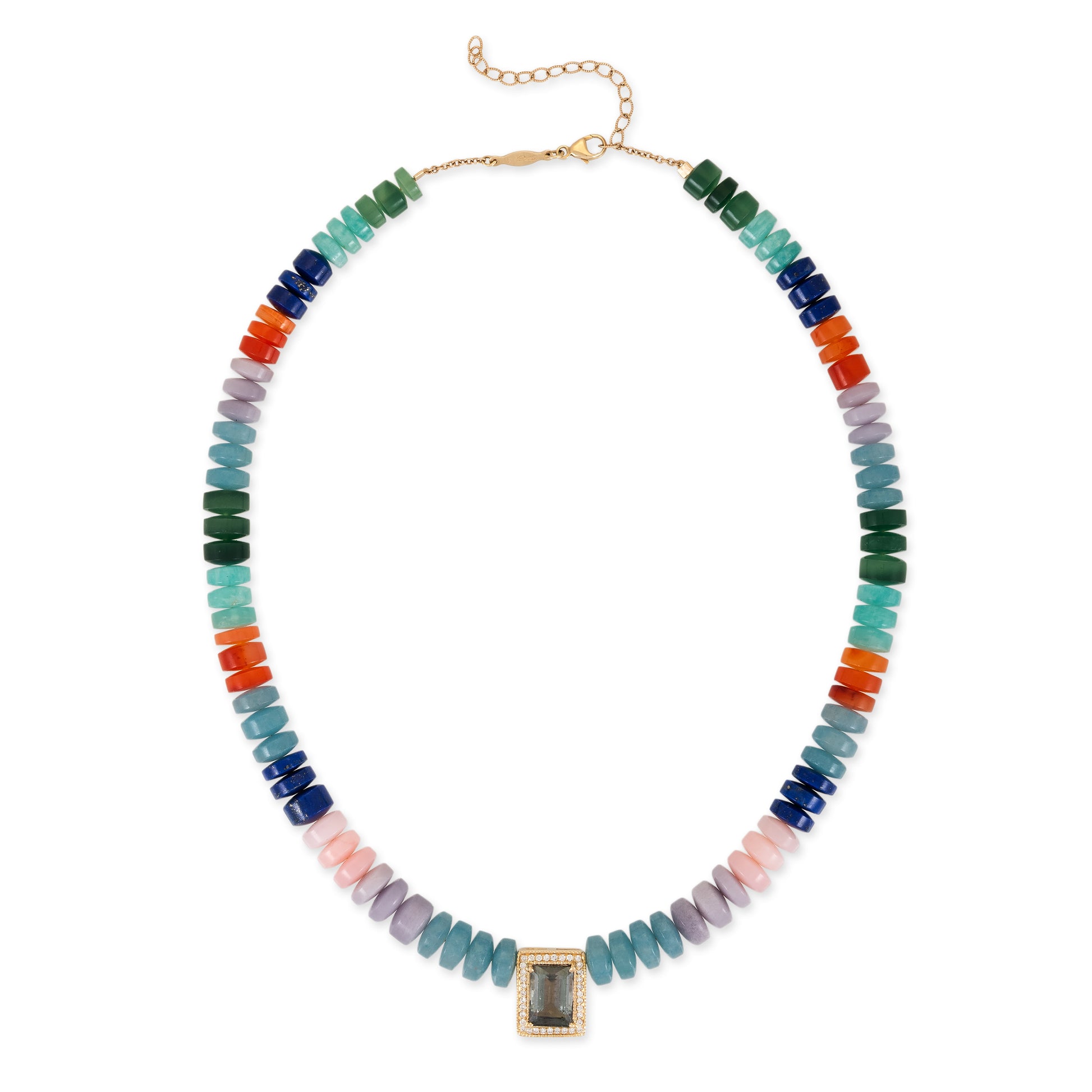 Pave Green Tourmaline Baguette Center On Multi Gemstone Beaded Necklace