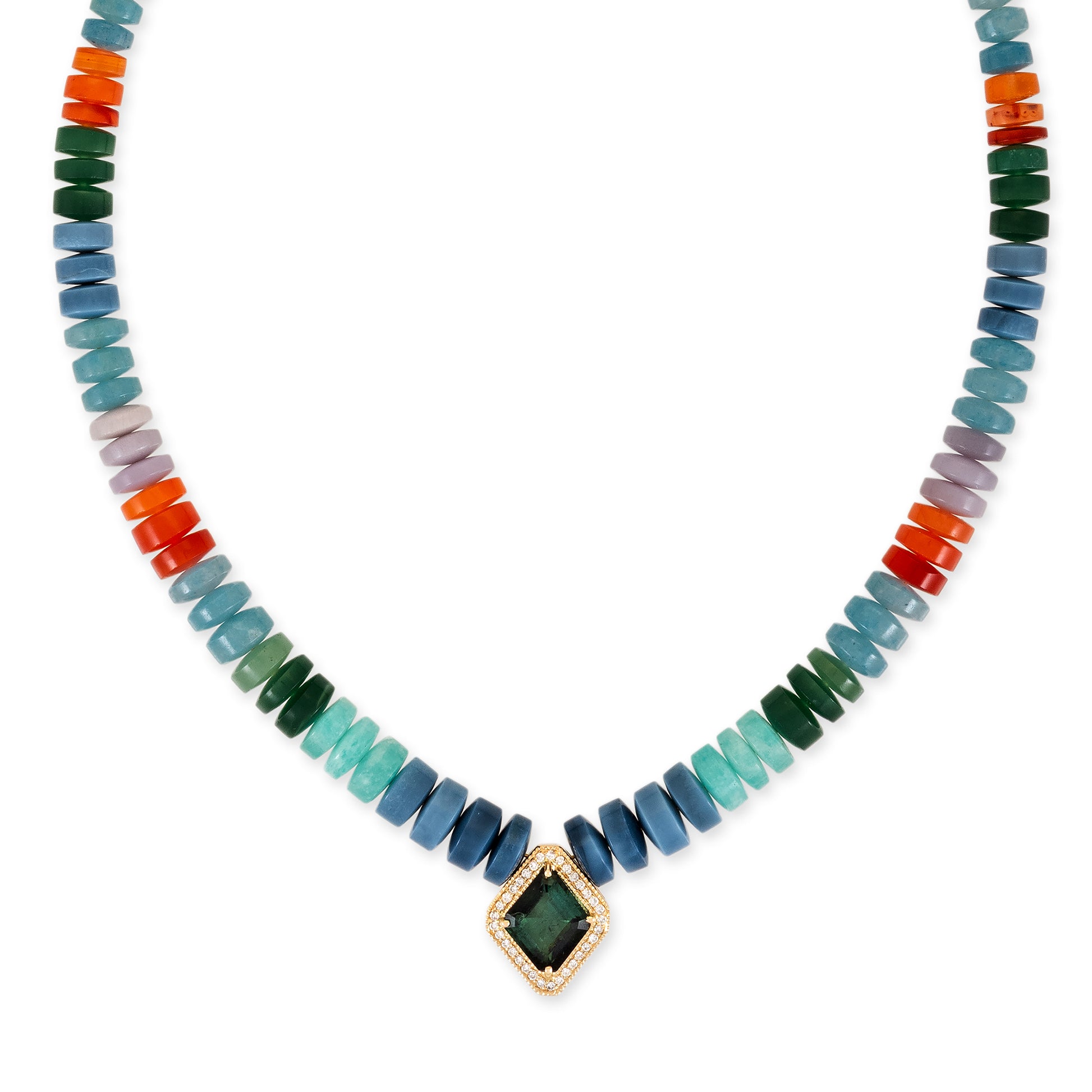 Pave Green Tourmaline Kite Center On Multi Gemstone Beaded Necklace