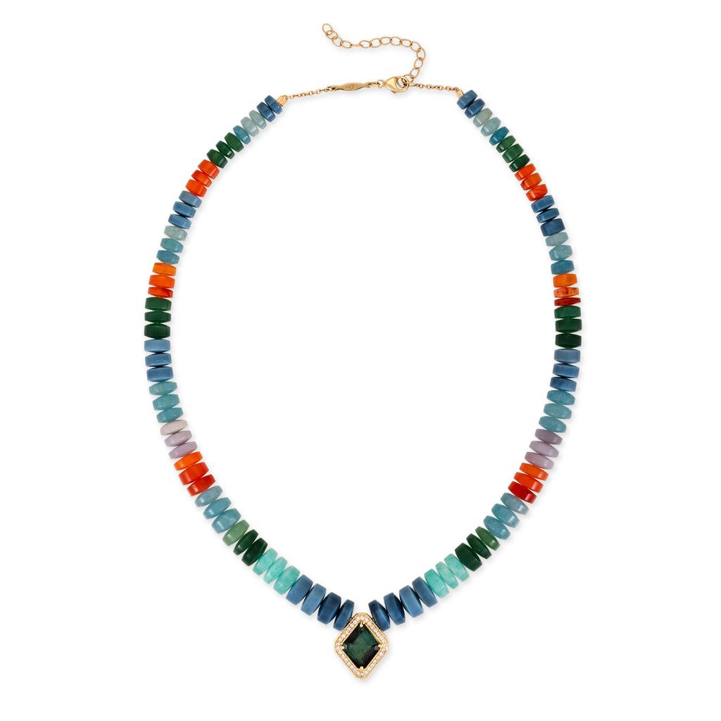 Pave Green Tourmaline Kite Center On Multi Gemstone Beaded Necklace