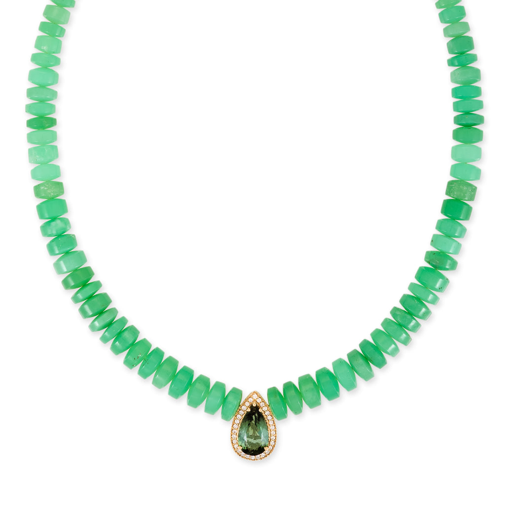 Pave Green Tourmaline Teardrop Center On Chrysoprase Beaded Necklace