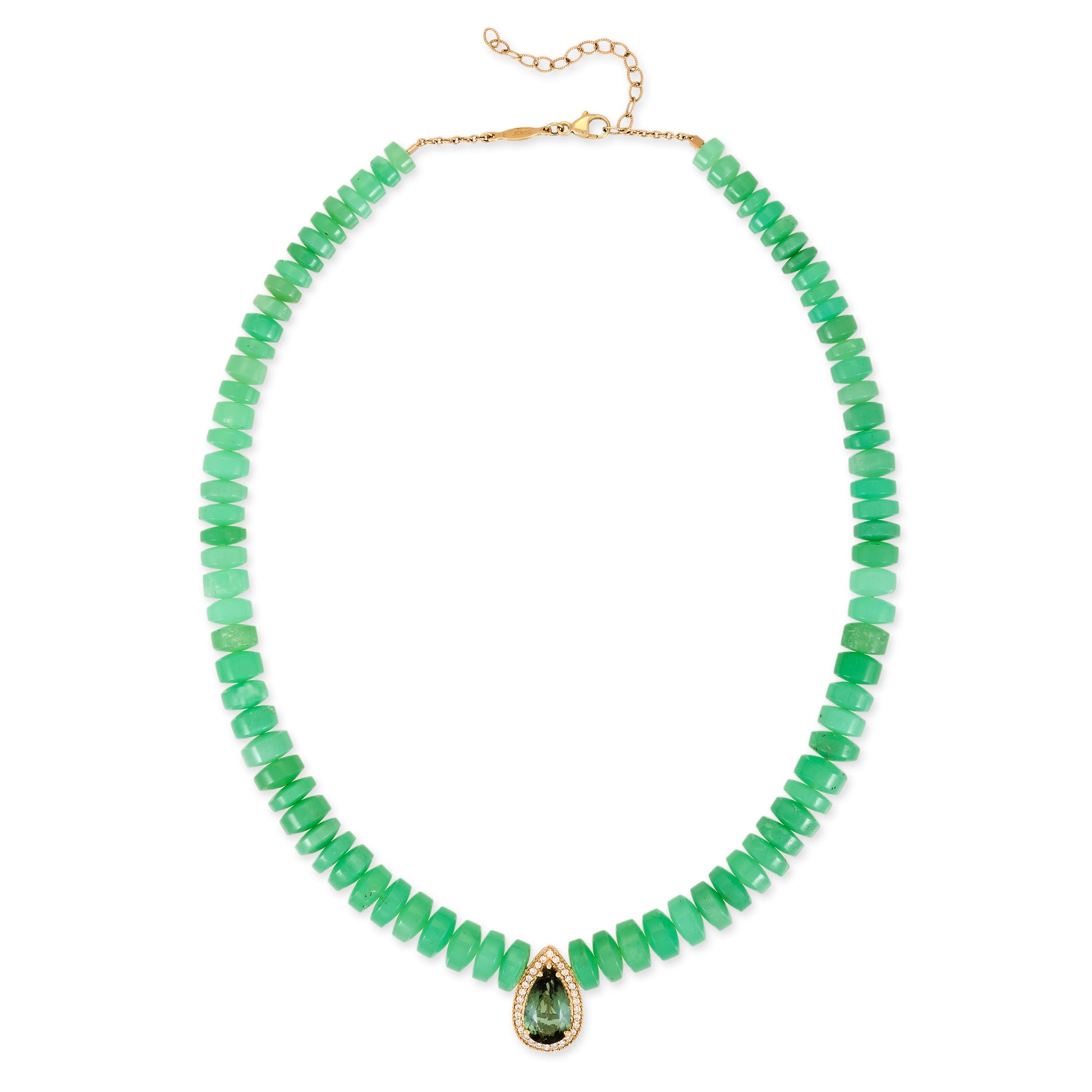 Pave Green Tourmaline Teardrop Center On Chrysoprase Beaded Necklace