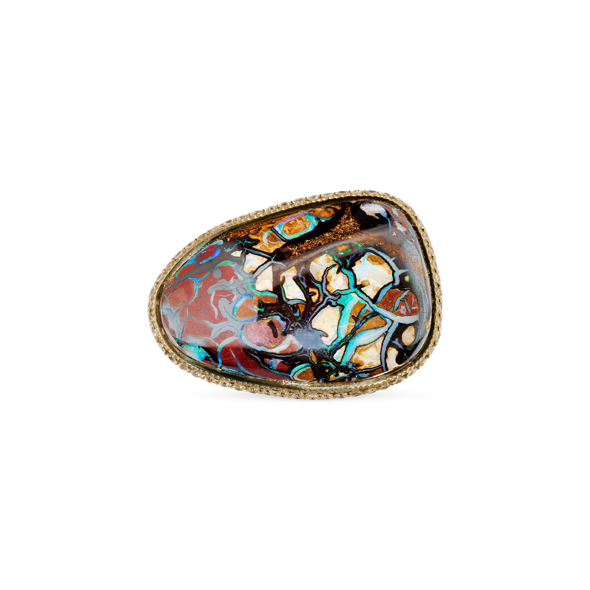 Large Pave Horizontal Freeform Koroit Opal Starburst Sides Ring