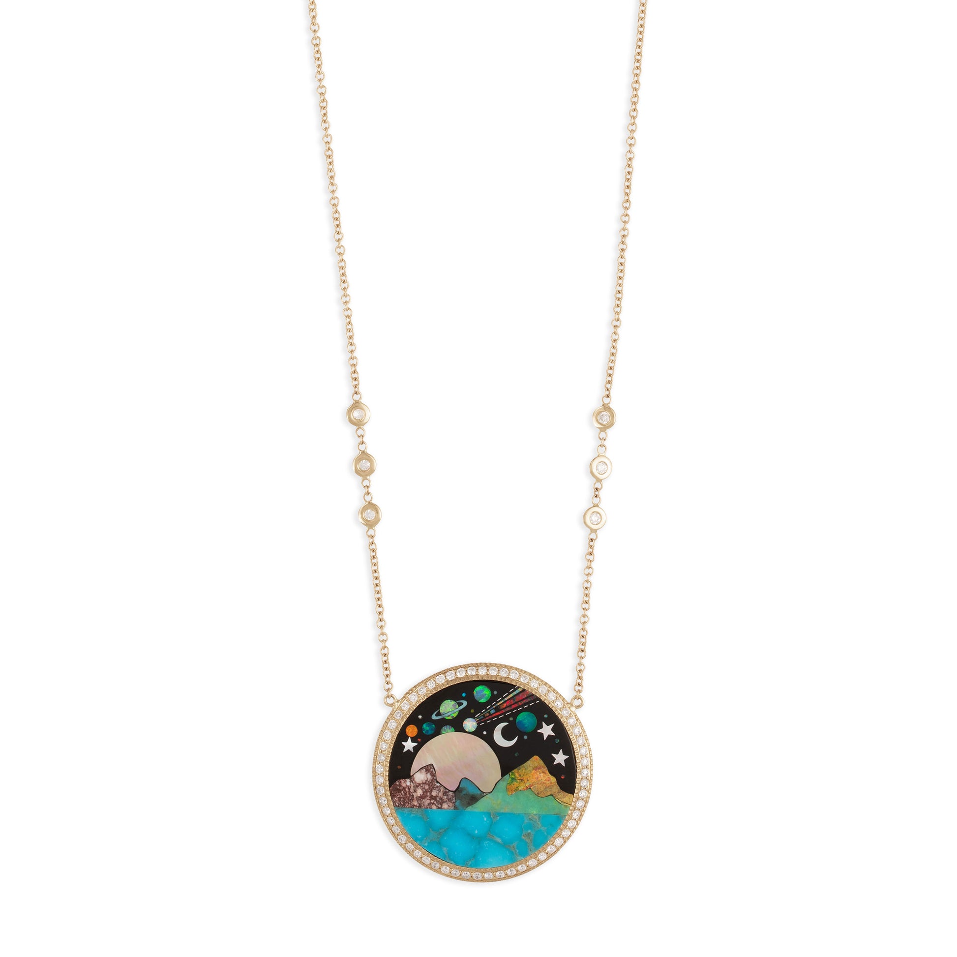 Pavé Round Gemstone Scenic Moon and Galaxy Inlay Necklace