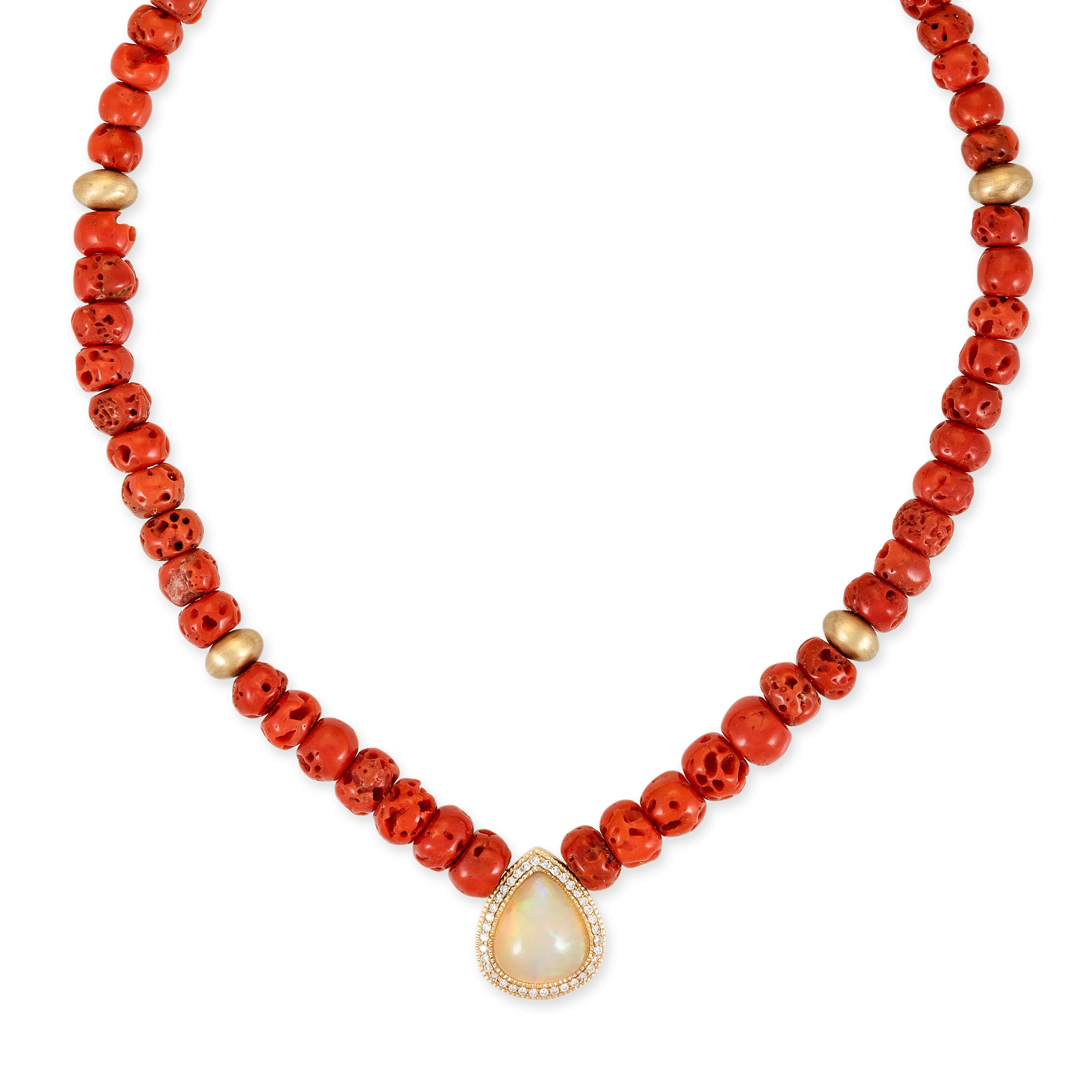 Pave Opal Teardrop Center On Coral Beaded Necklace