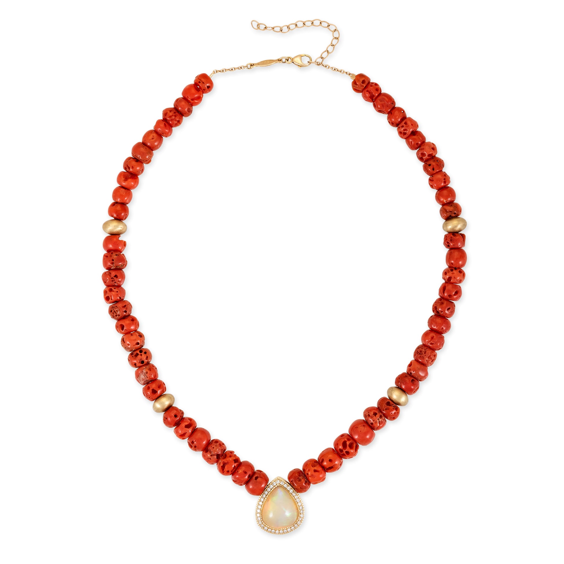 Pave Opal Teardrop Center On Coral Beaded Necklace