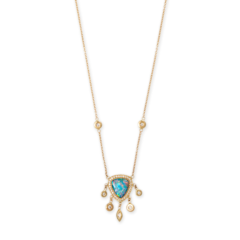 SMALL PAVE OPAL FREEFORM + MARQUISE AND ROUND DIAMOND SHAKER NECKLACE