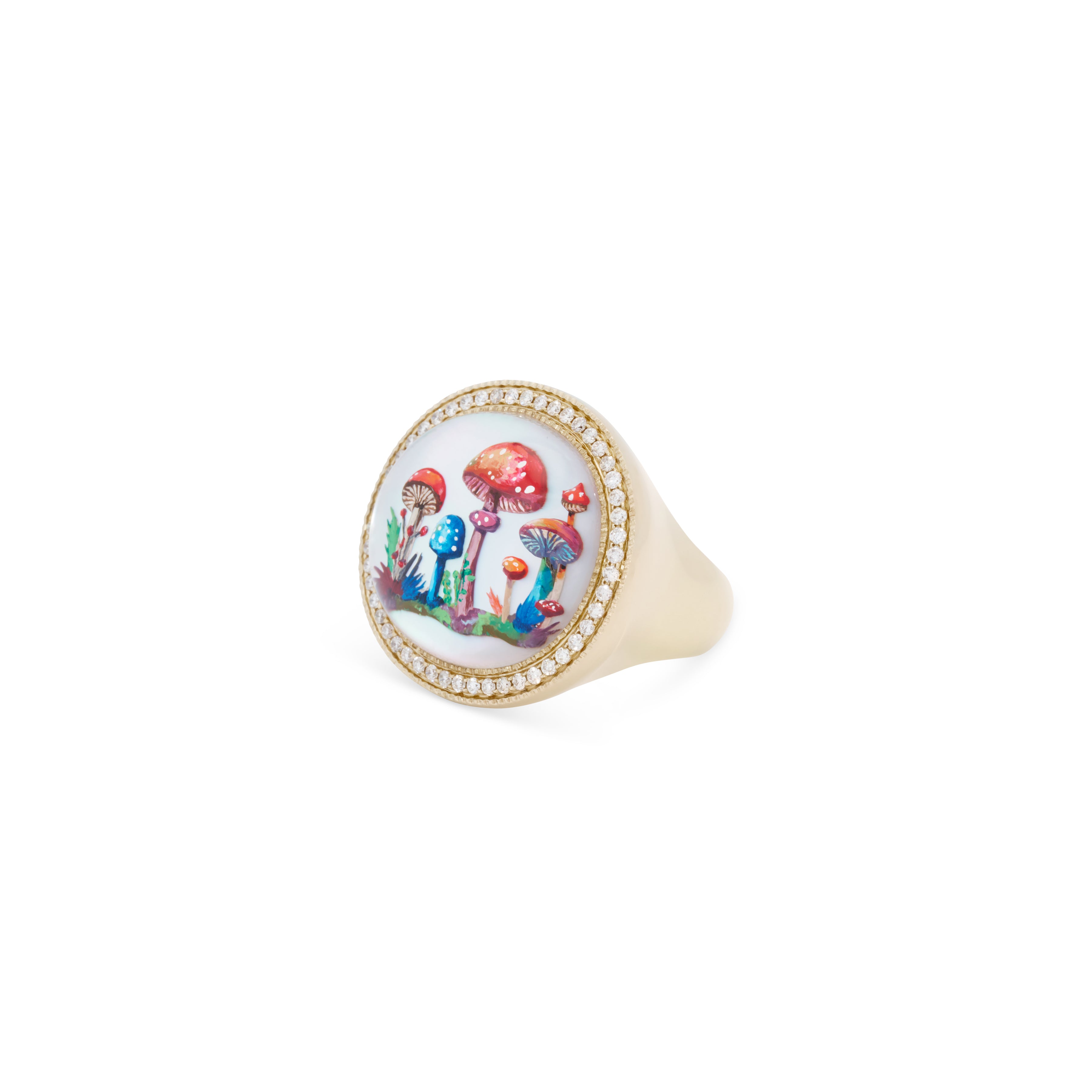 PAVE HAND PAINTED MUSHROOM GARDEN ON MOTHER OF PEARL SIGNET RING