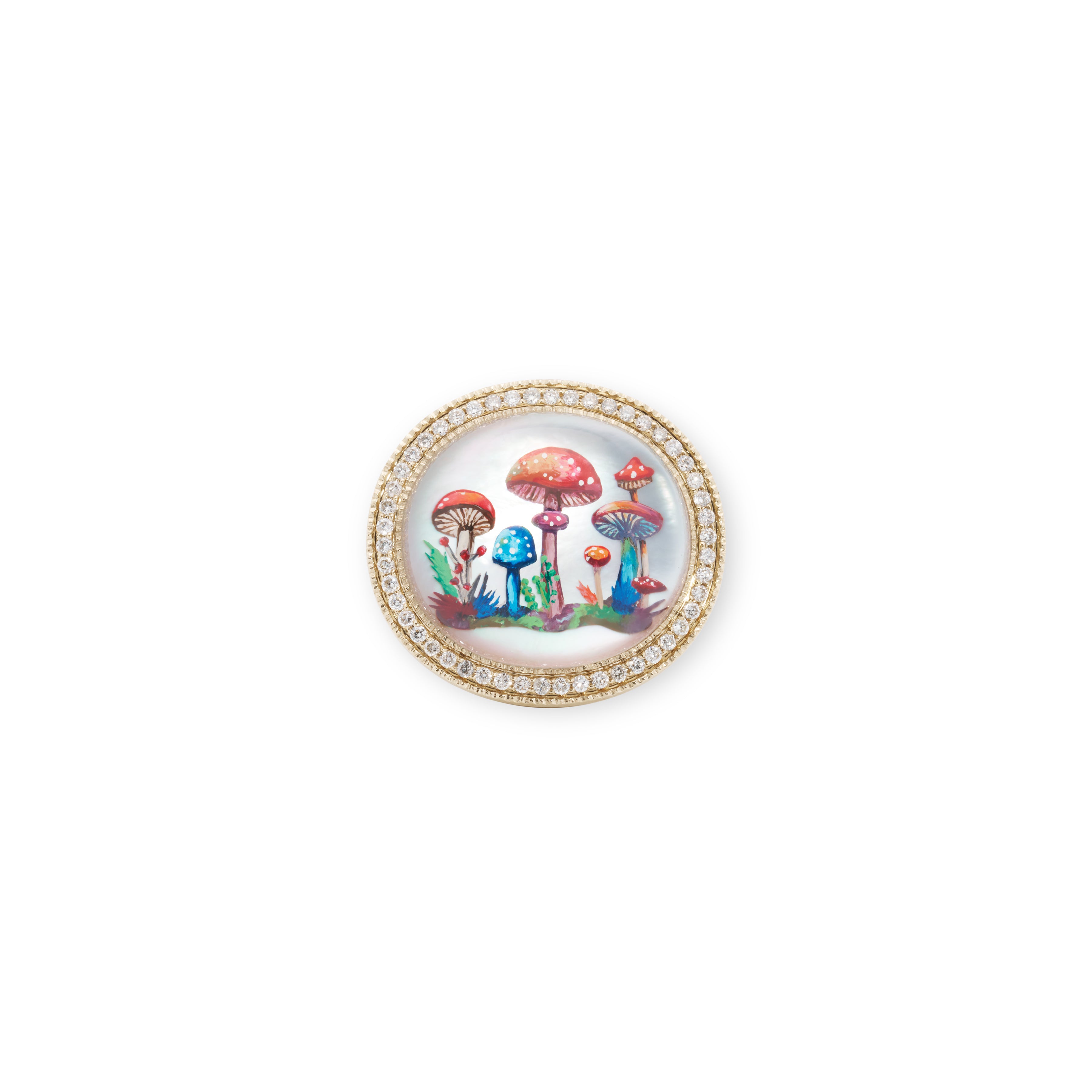 PAVE HAND PAINTED MUSHROOM GARDEN ON MOTHER OF PEARL SIGNET RING