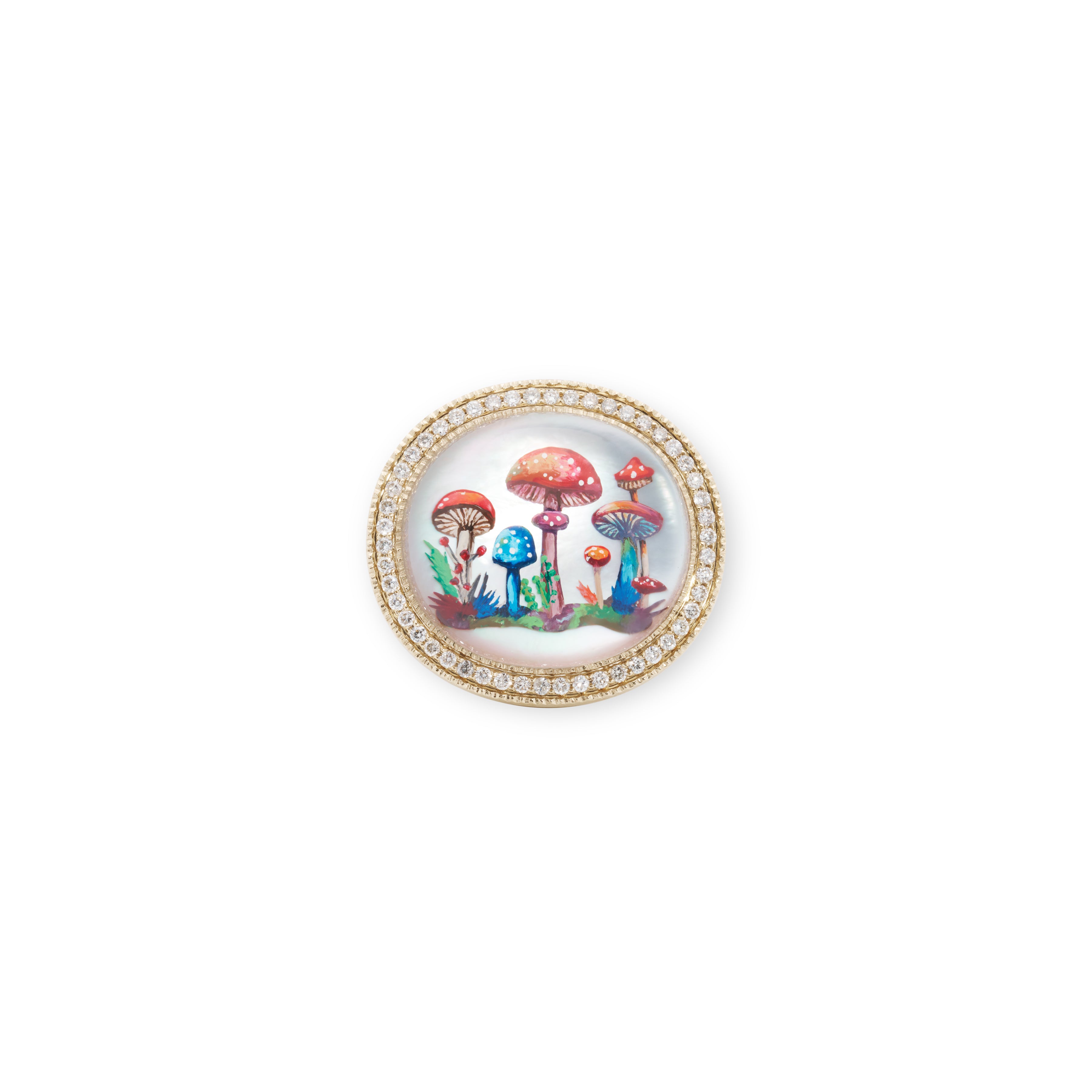 Pave Hand Painted Mushroom Garden on Mother of Pearl Signet Ring