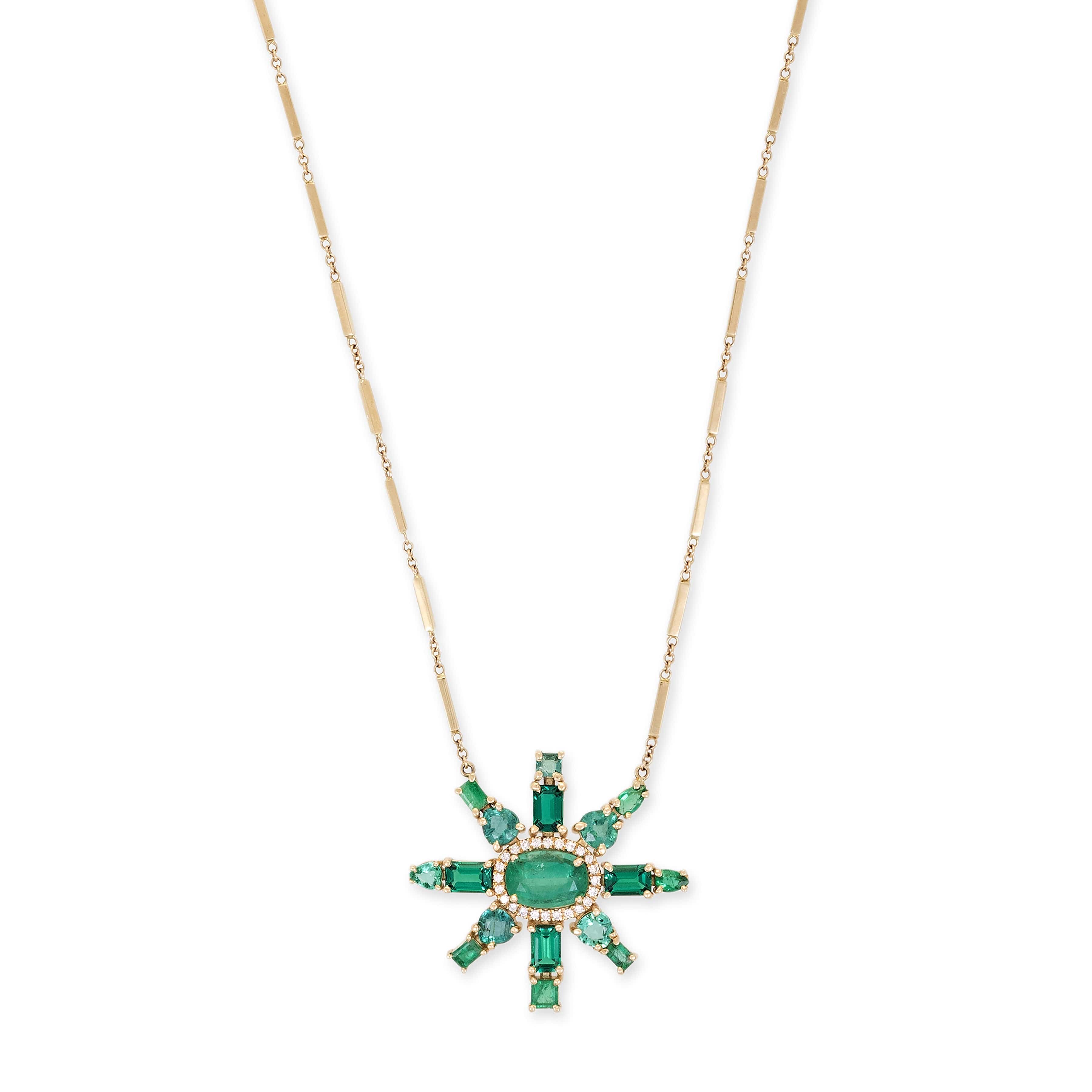 PAVE EMERALD ORNAMENT MINI SMOOTH BAR NECKLACE
