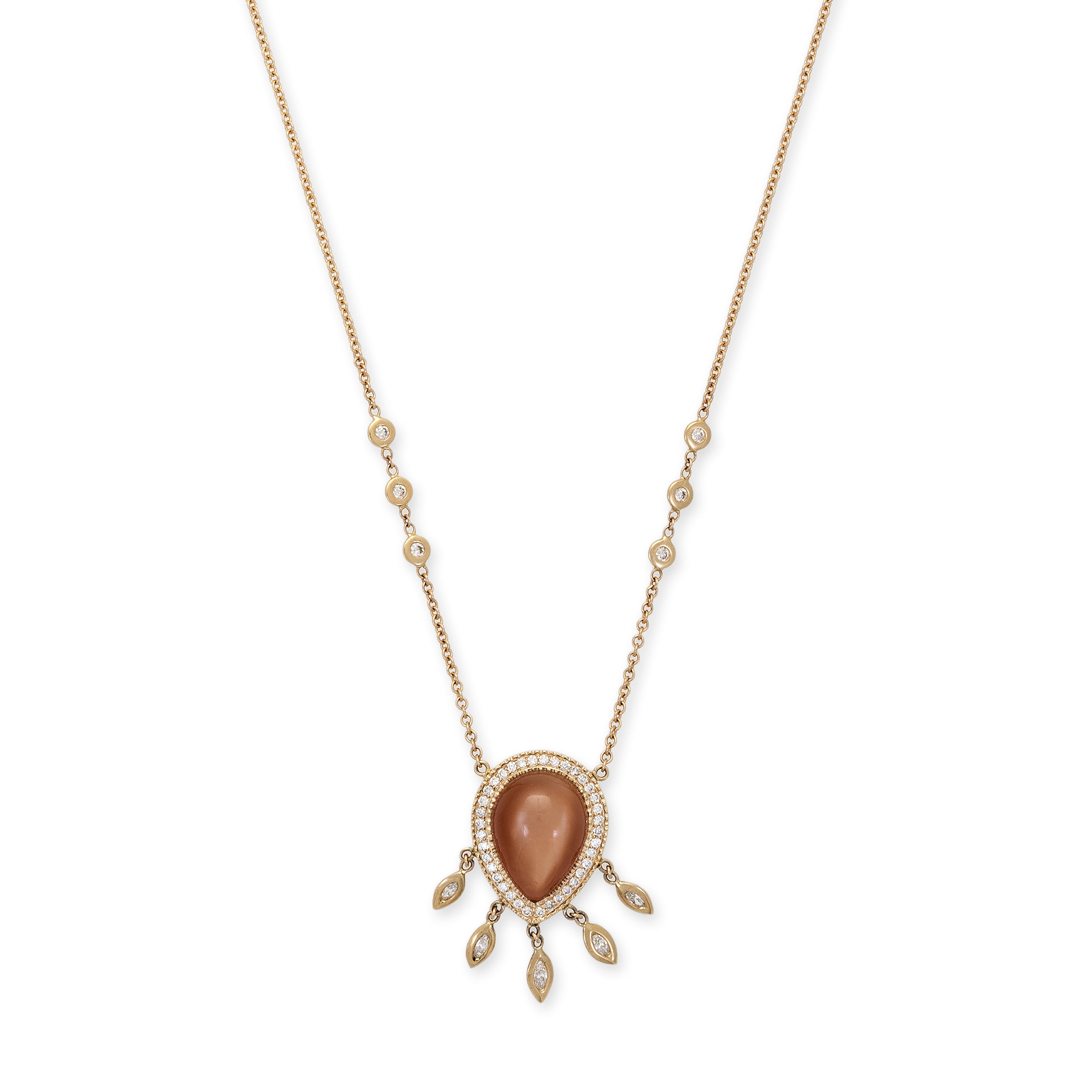 PAVE PEACH MOONSTONE TEARDROP + MARQUISE DIAMOND SHAKER NECKLACE