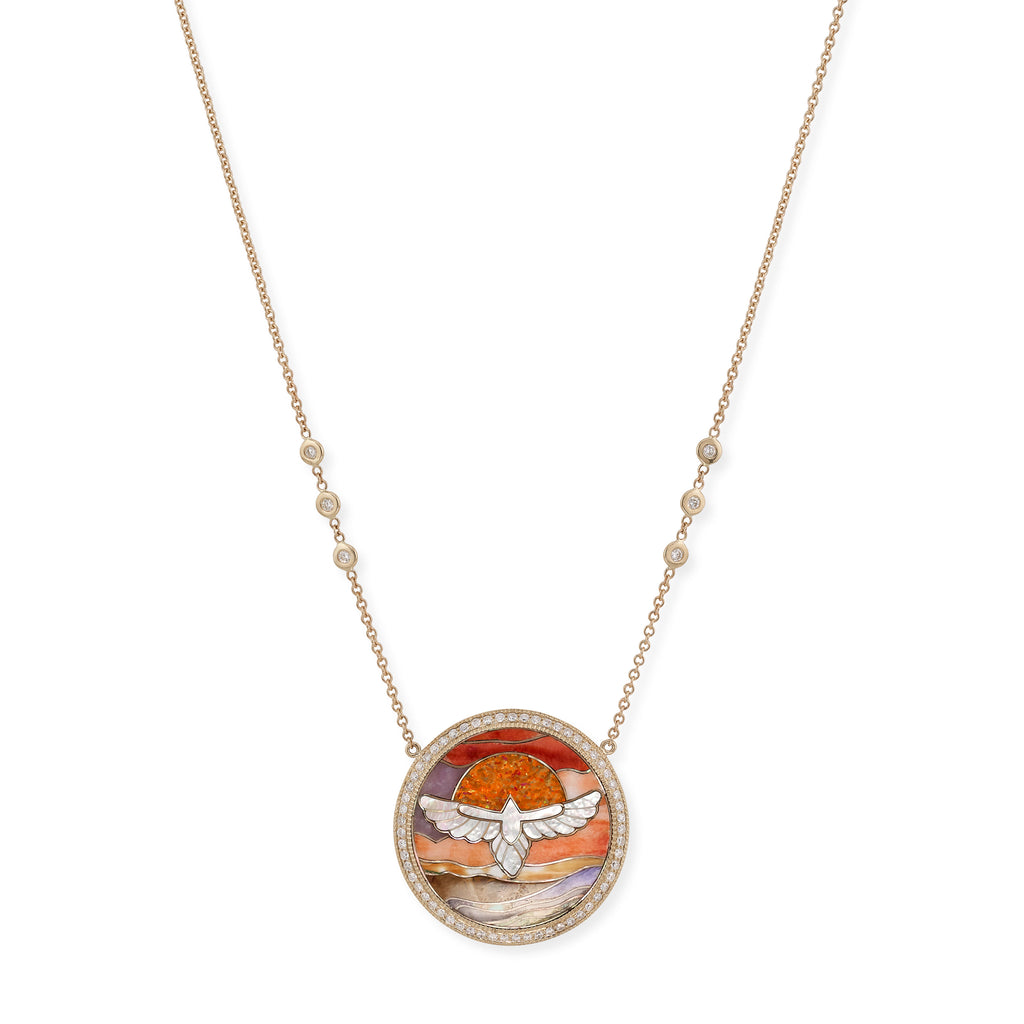 Pavé Round Gemstone Thunderbird Scenic Inlay Necklace