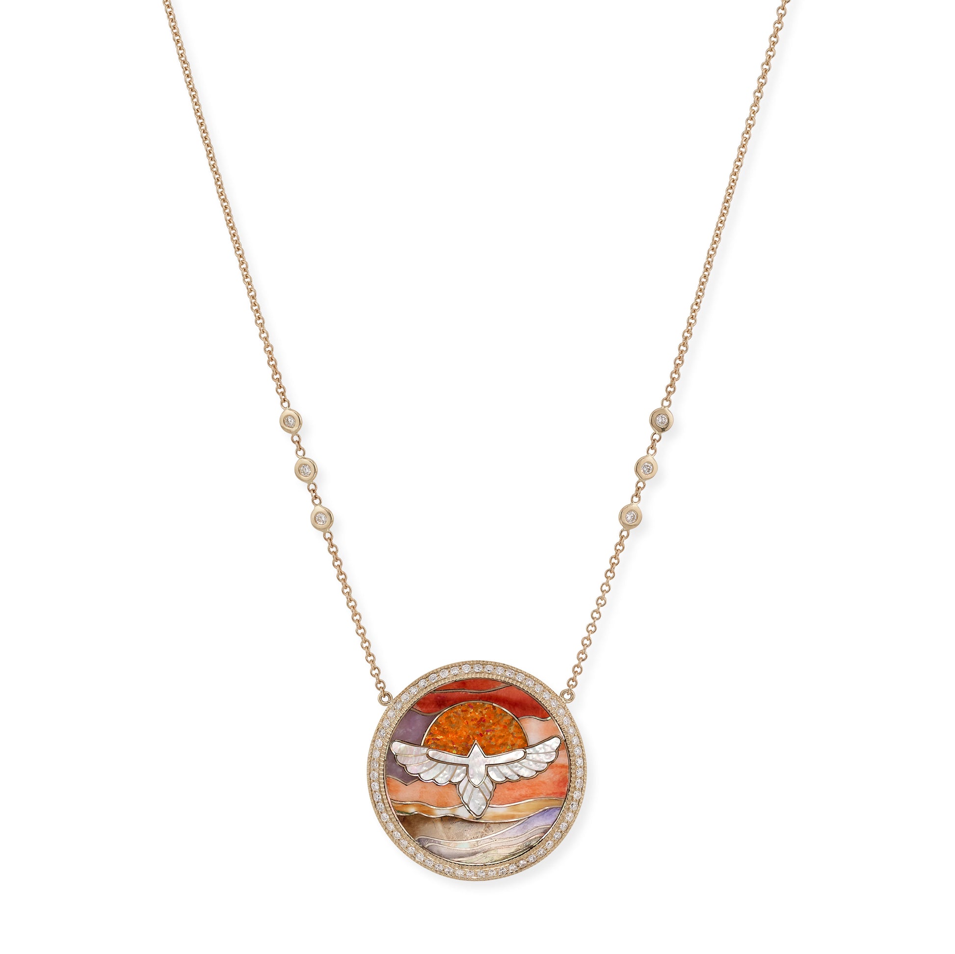 Pavé Round Gemstone Thunderbird Scenic Inlay Necklace