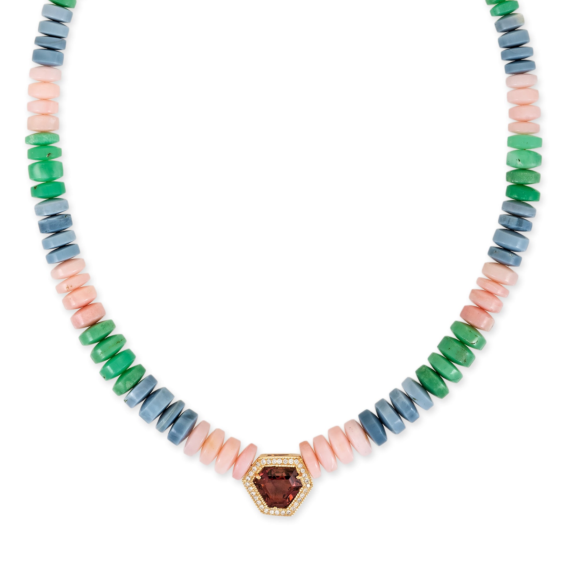 Pave Pink Tourmaline Kite Center On Multi Gemstone Beaded Necklace