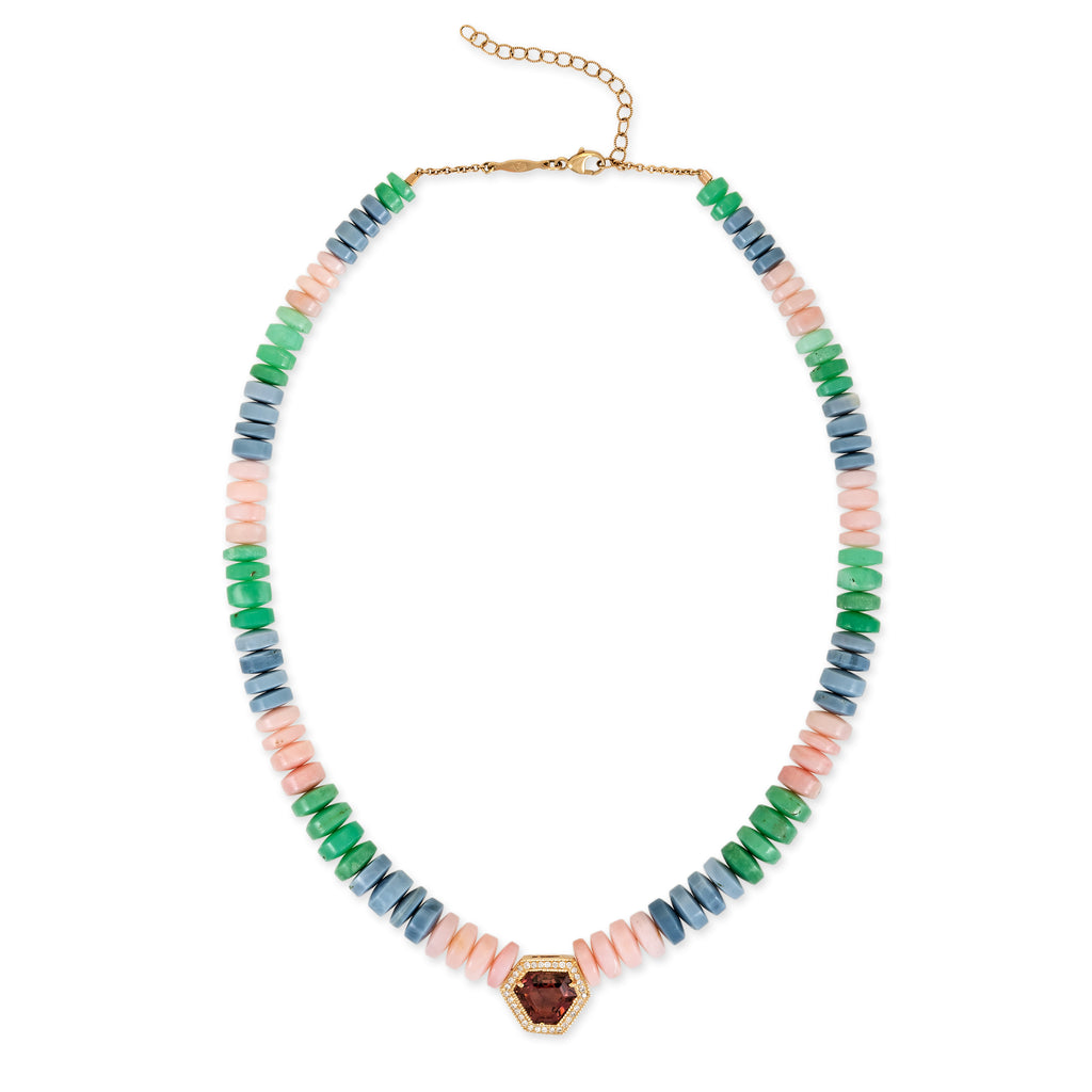Pave Pink Tourmaline Kite Center On Multi Gemstone Beaded Necklace
