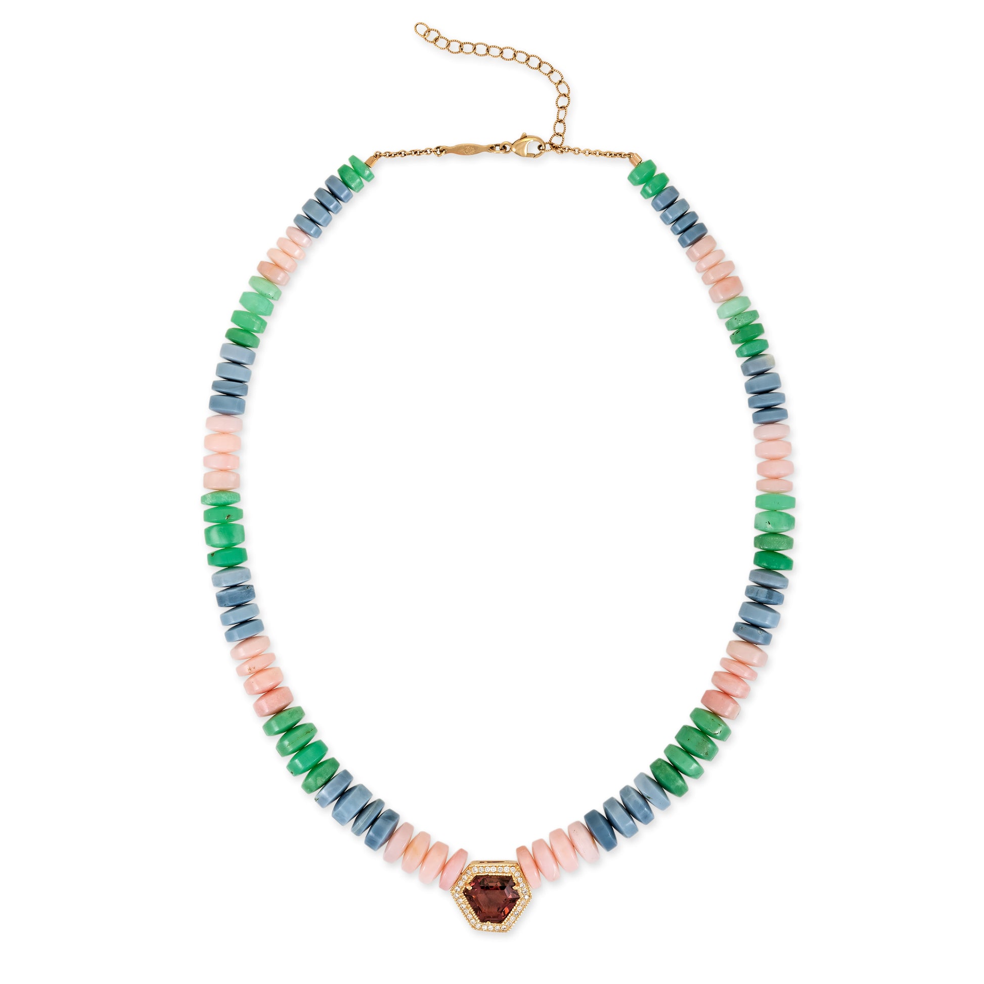 Pave Pink Tourmaline Kite Center On Multi Gemstone Beaded Necklace