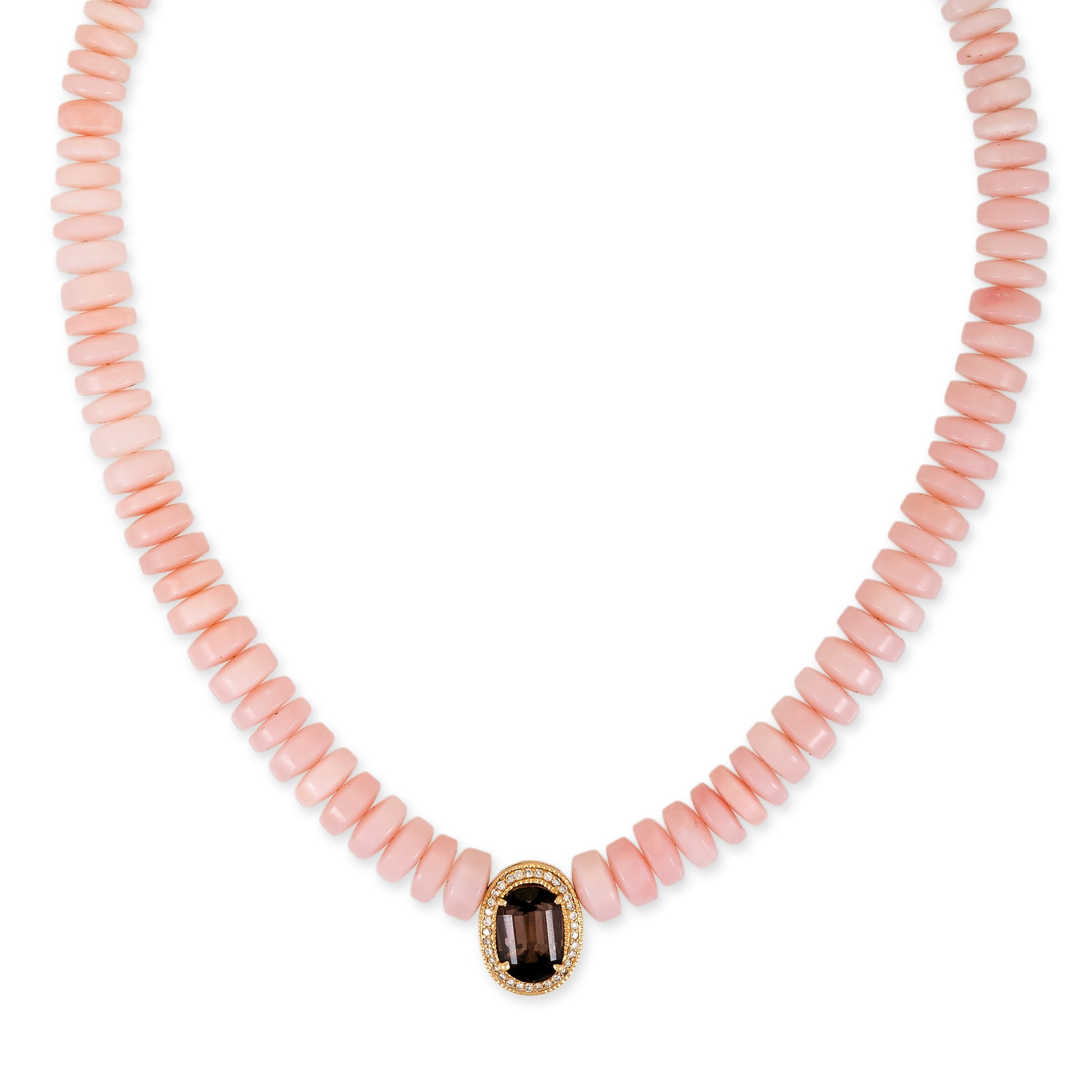 Pave Purple Tourmaline Oval Center On Pink Opal Beaded Necklace