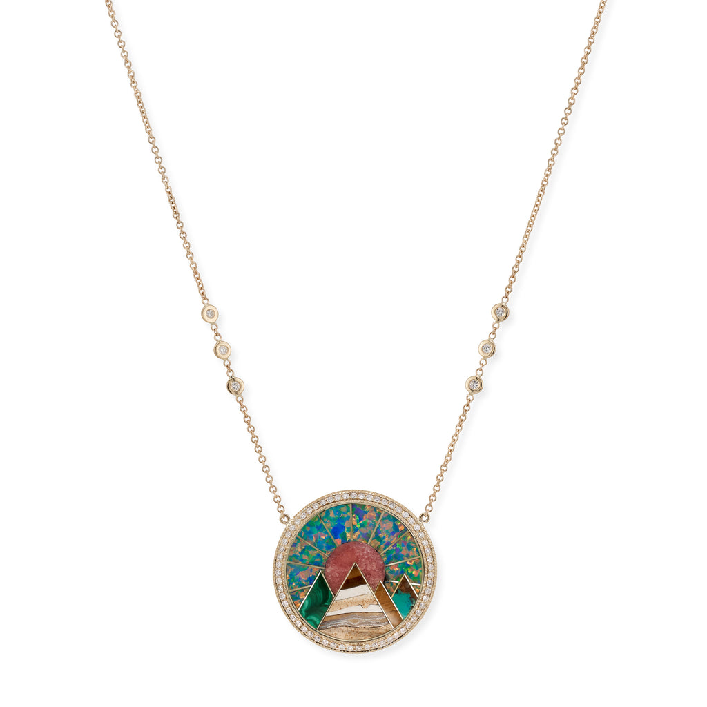 Pave Diamond Agate Pyramid Scenic Inlay Necklace
