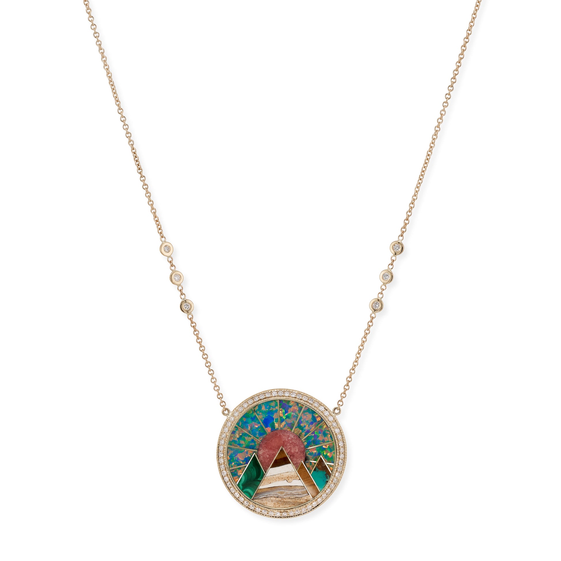 Pave Diamond Agate Pyramid Scenic Inlay Necklace