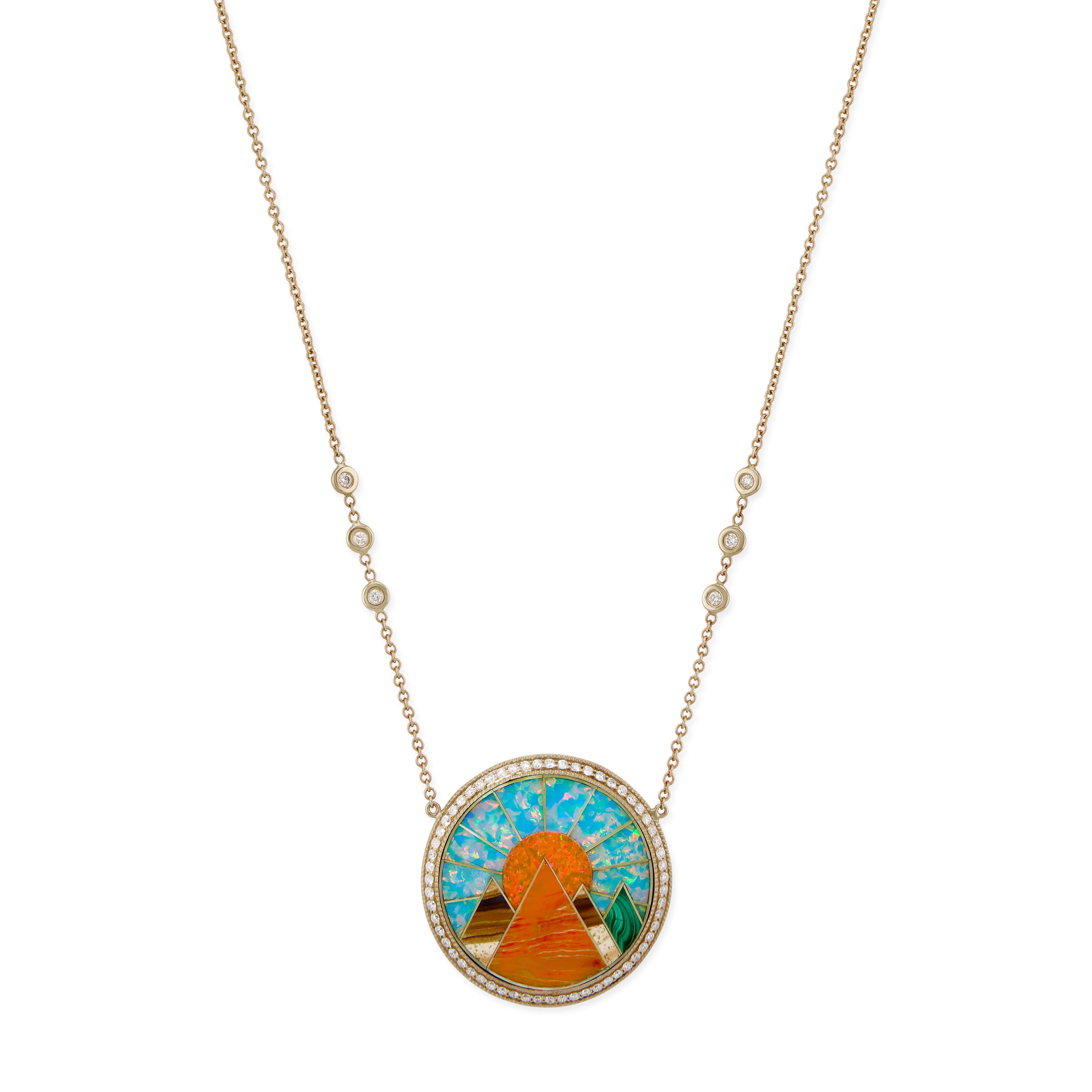 Pave Diamond Orange Agate Pyramid Scenic Inlay Necklace