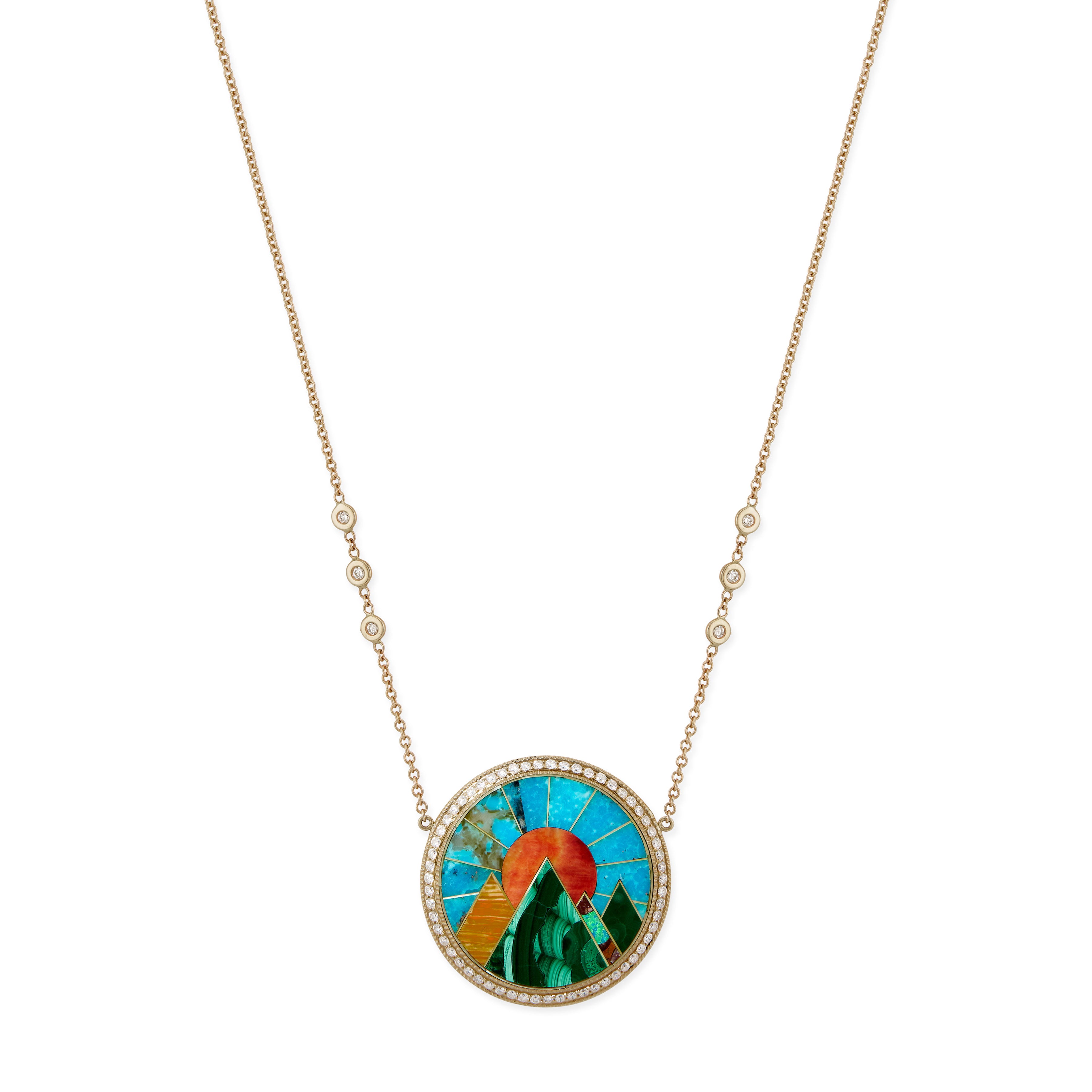 Pave Diamond Malachite Pyramid Scenic Inlay Necklace
