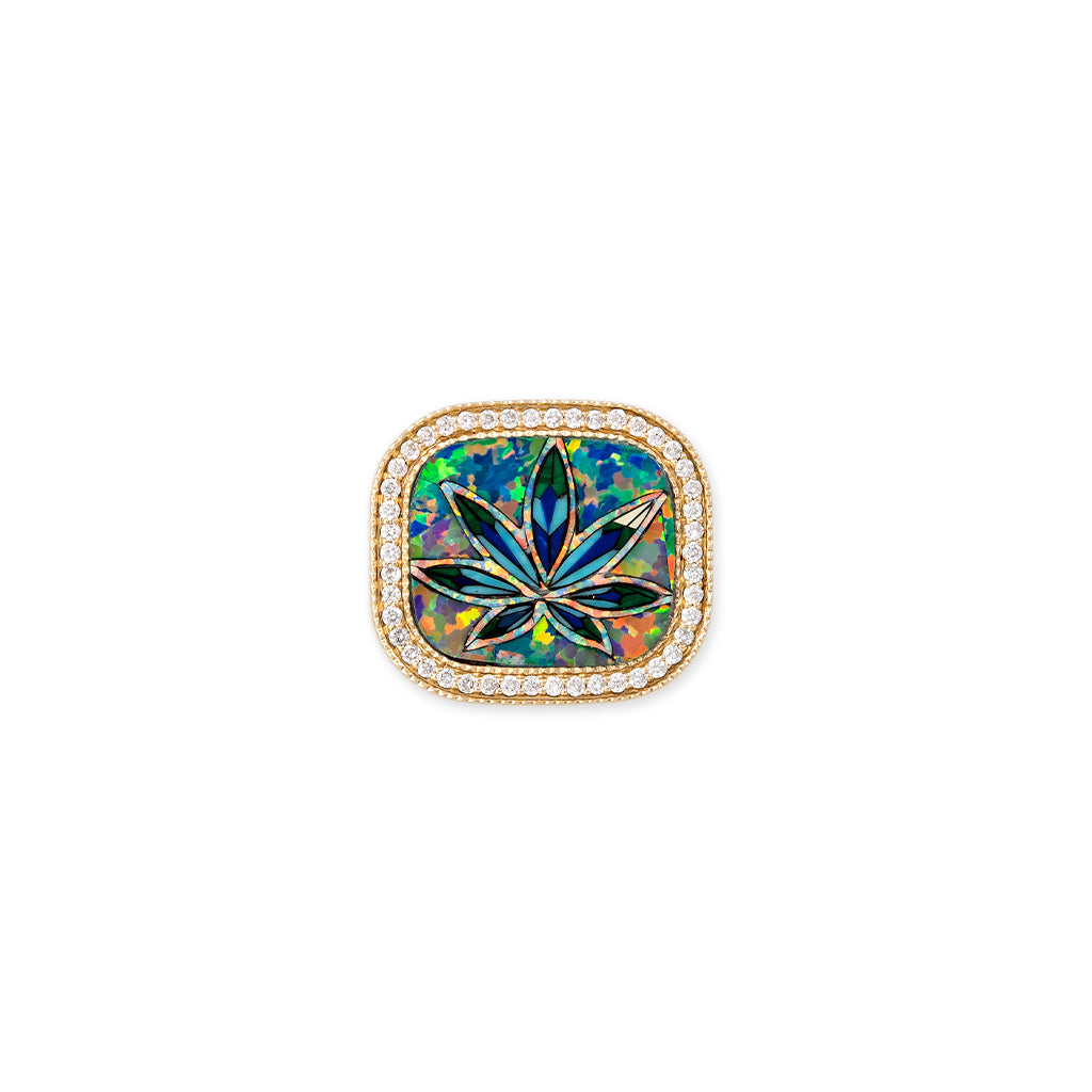 Pave Tie Dye Sweet Leaf Opal Inlay Signet Ring
