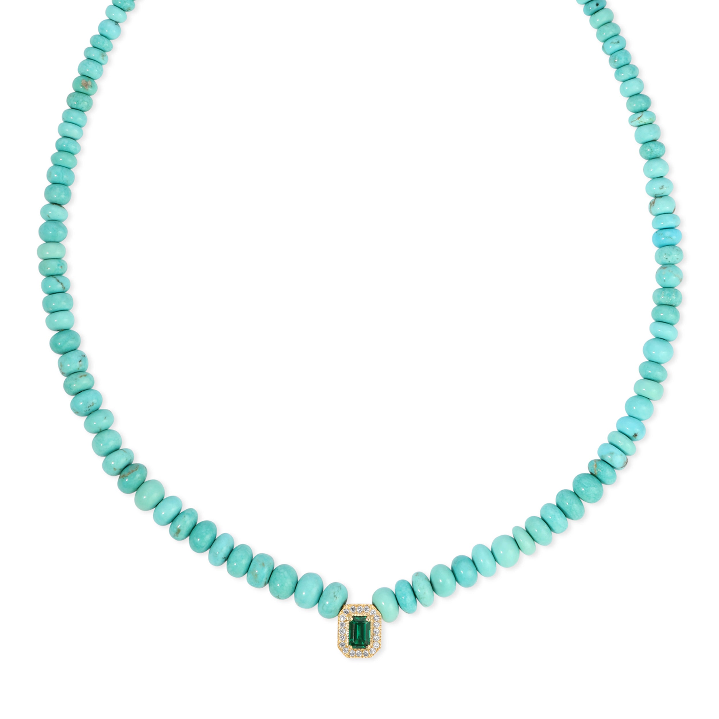 Pavé Emerald Baguette Graduated Turquoise Beaded Necklace